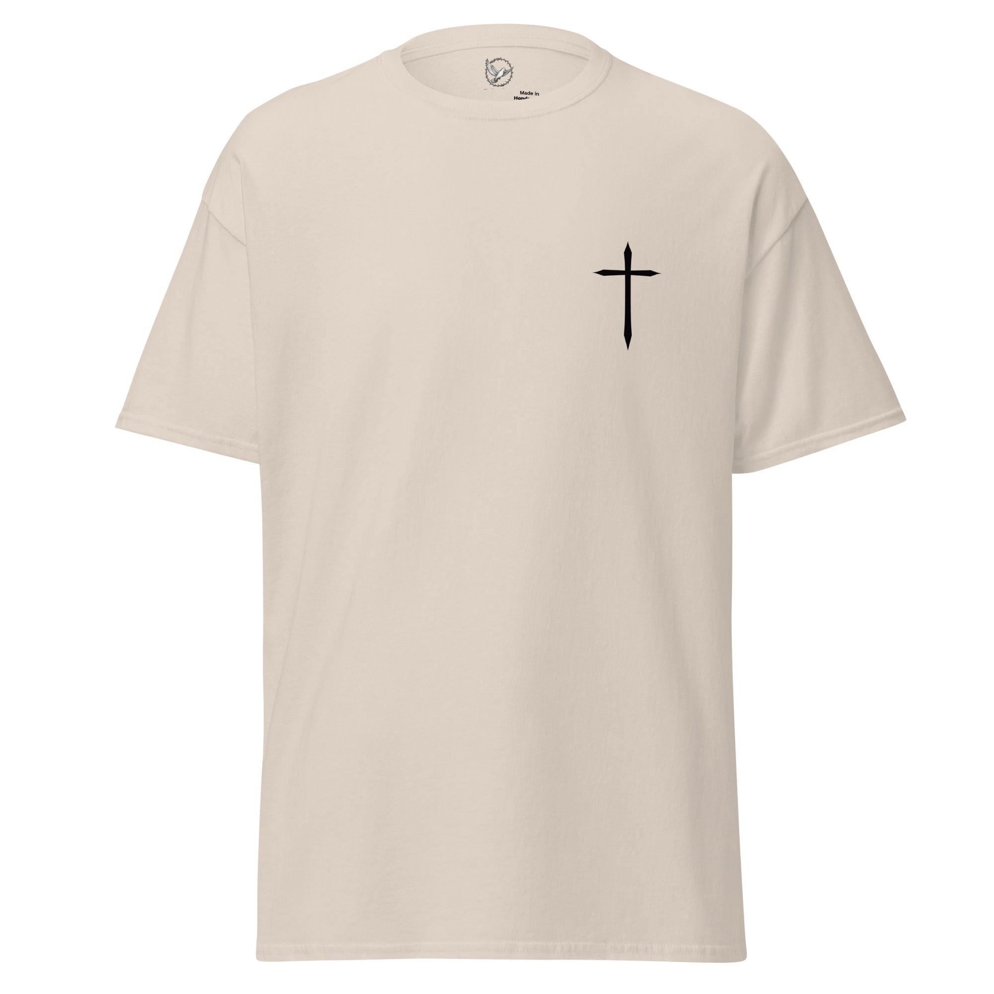 Beige t-shirt with a black cross on a white background