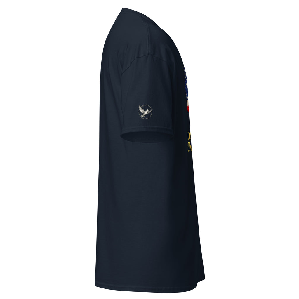 navy t-shirt with a logo on the sleeve against a white background