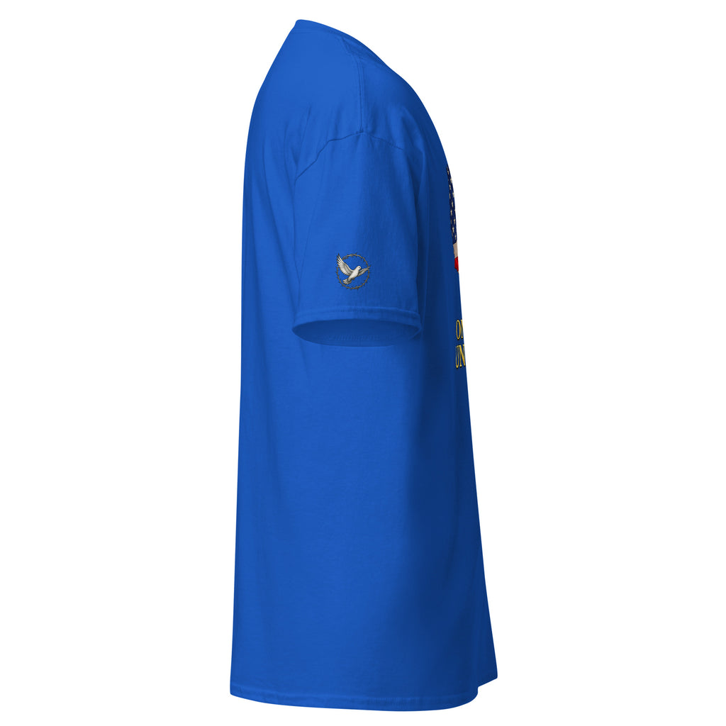 Blue t-shirt with a logo on a white background