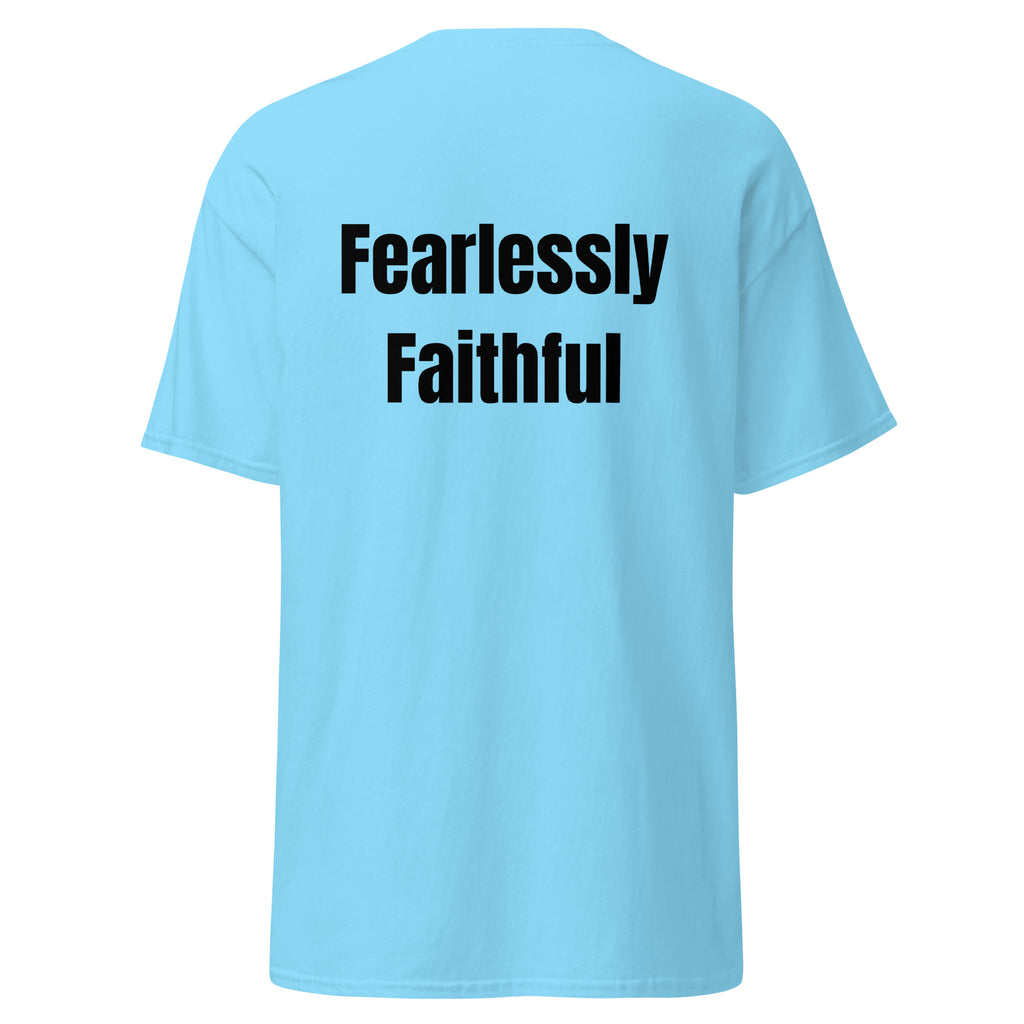 Light blue t-shirt with 'Fearlessly Faithful' text on the back against a white background