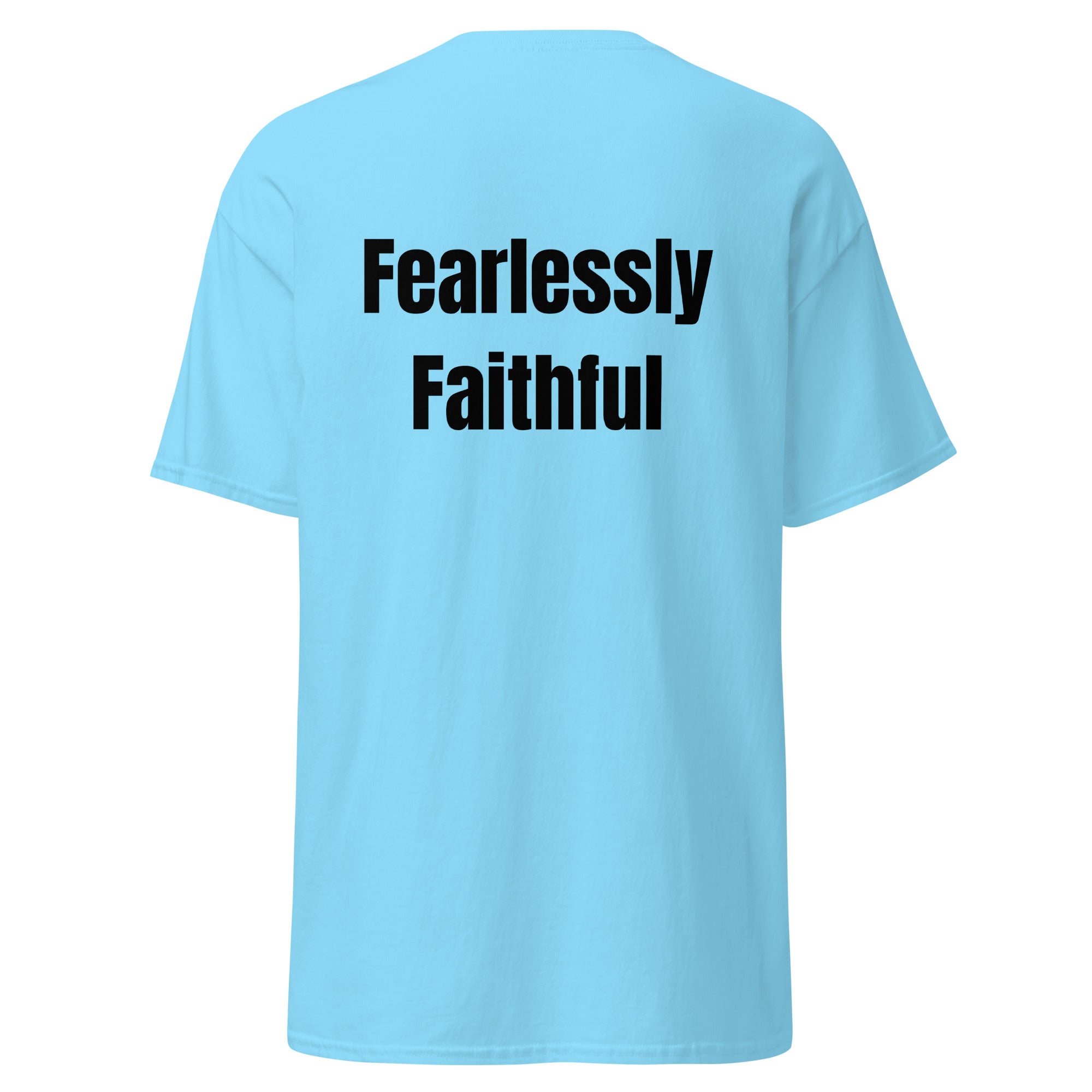 Light blue t-shirt with 'Fearlessly Faithful' text on the back against a white background