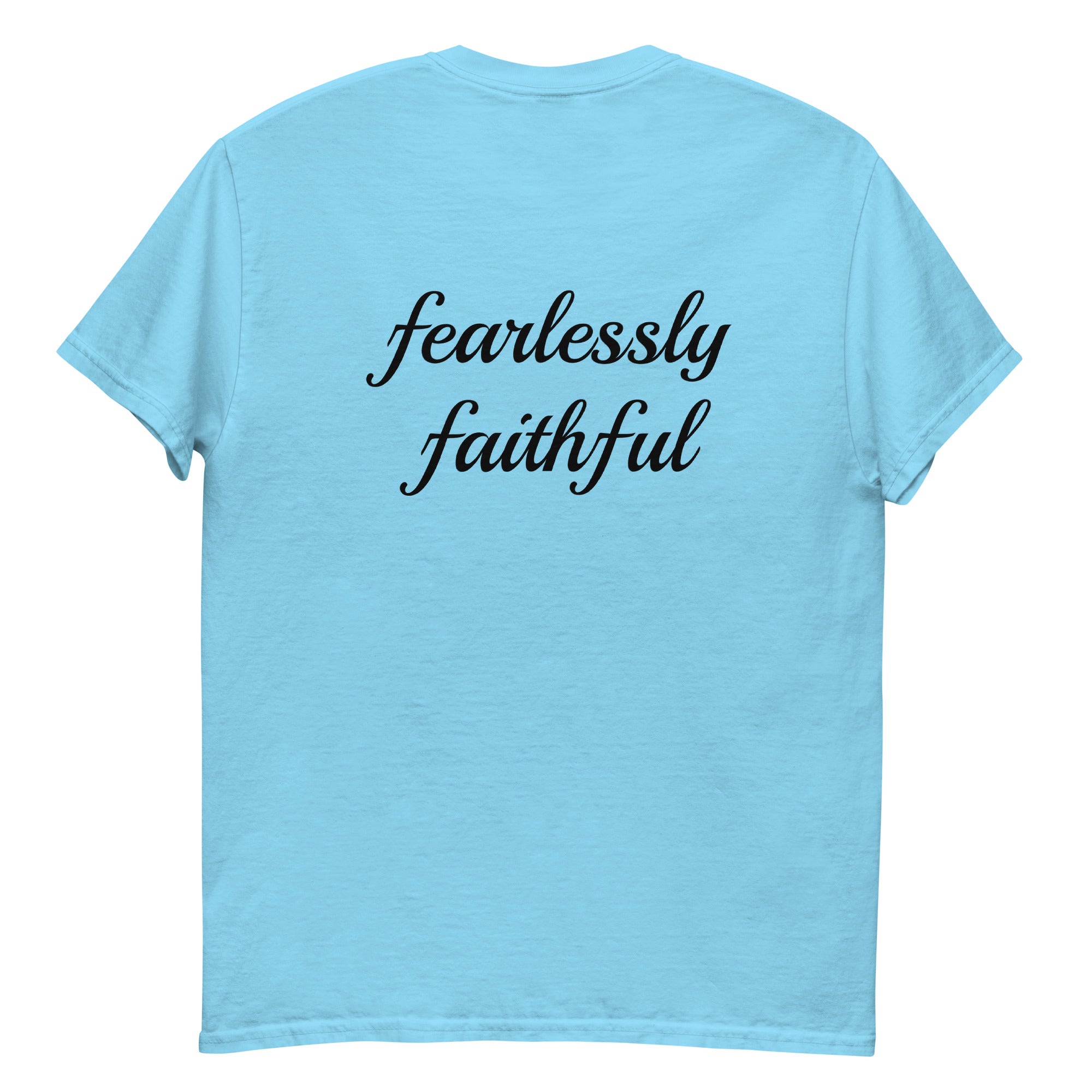 Light blue t-shirt with 'fearlessly faithful' text on the back against a white background