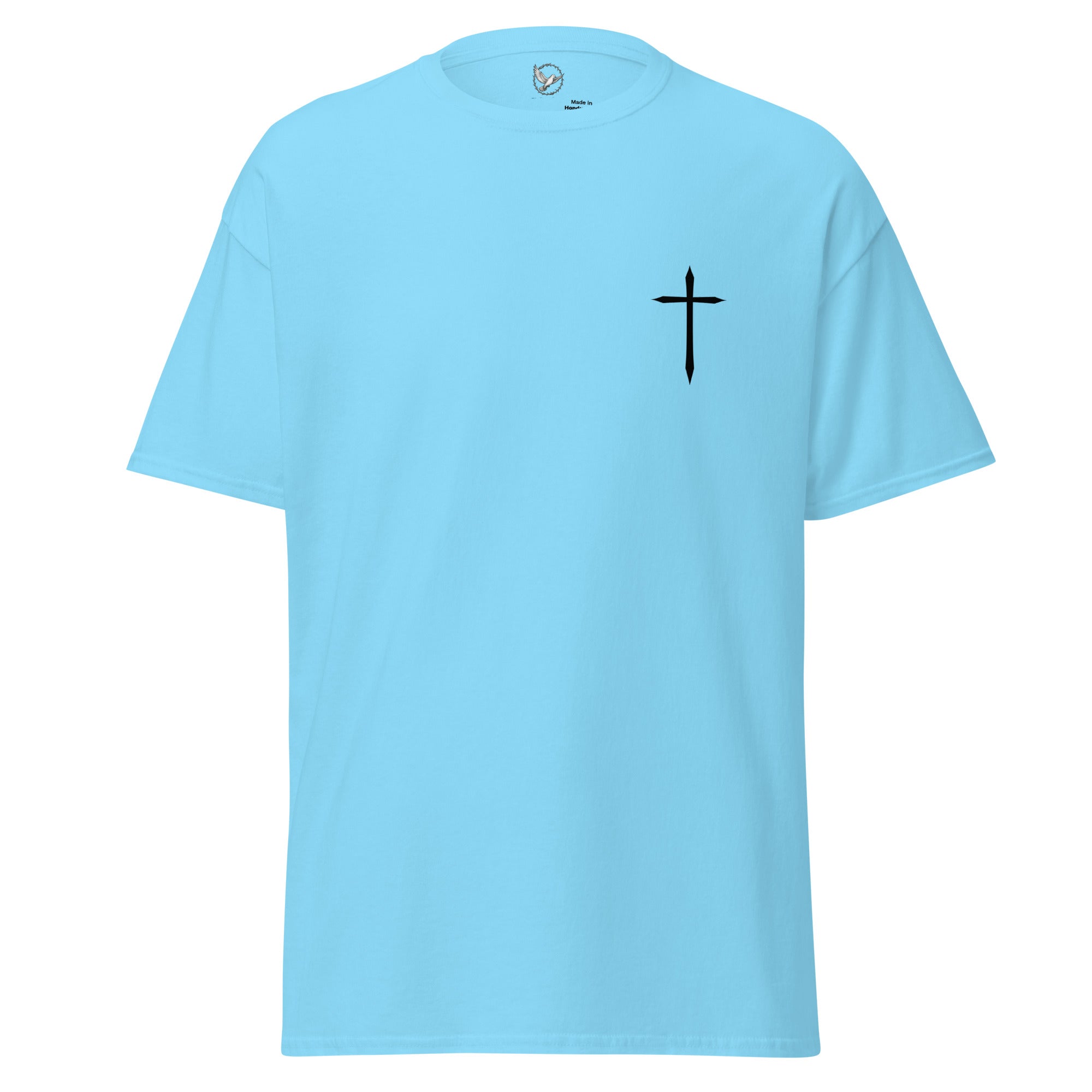 Light blue t-shirt with a black cross on a white background