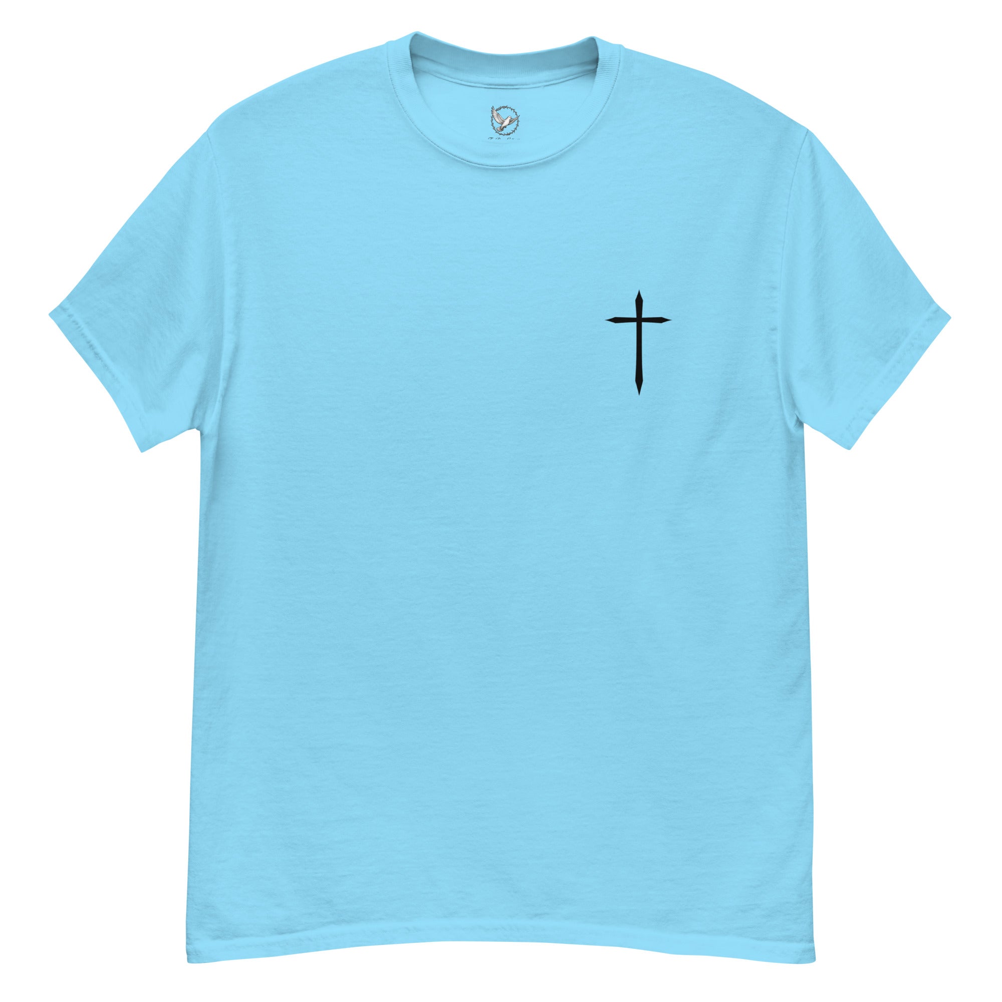 Light blue t-shirt with a black cross on a white background