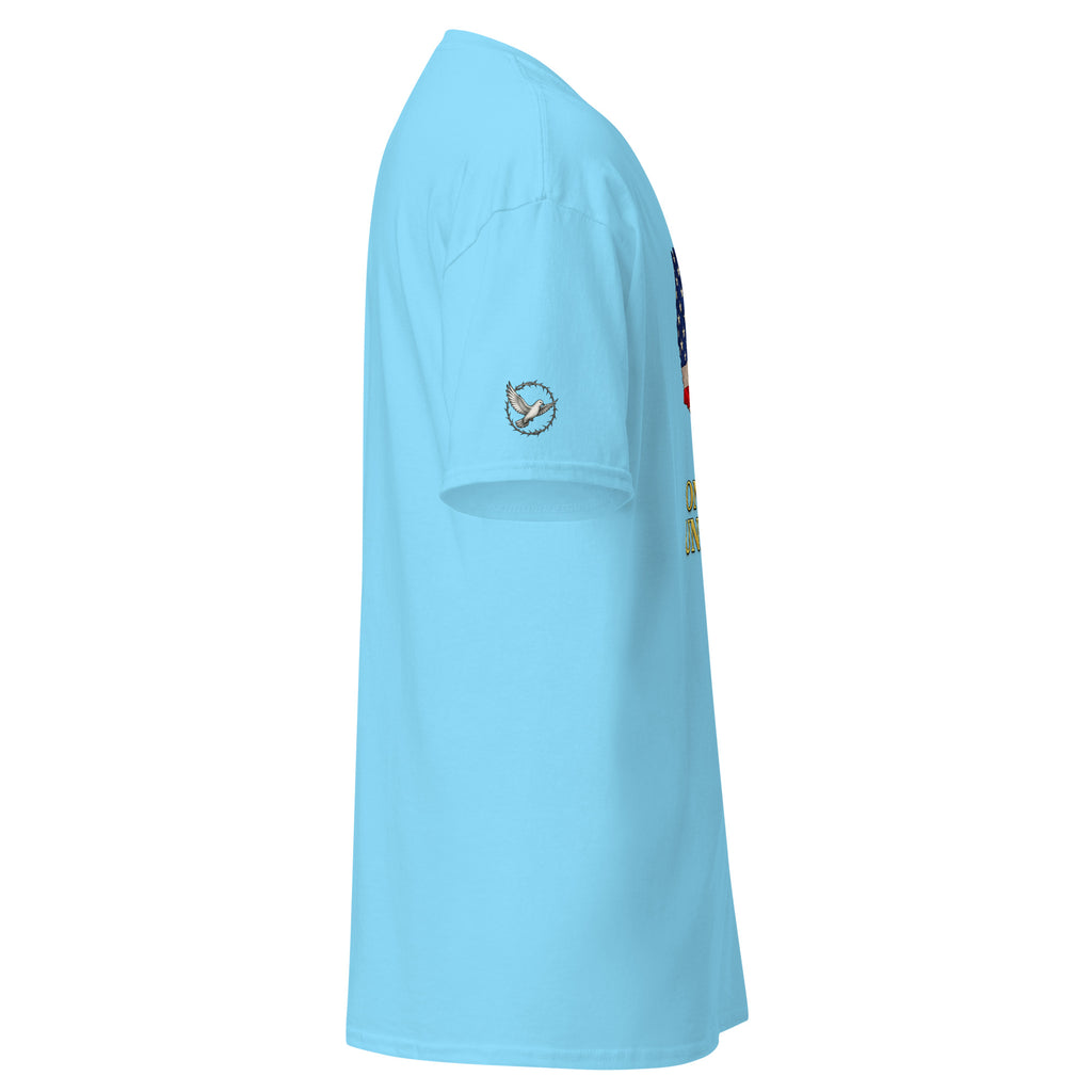 Light blue t-shirt with a small graphic on a white background