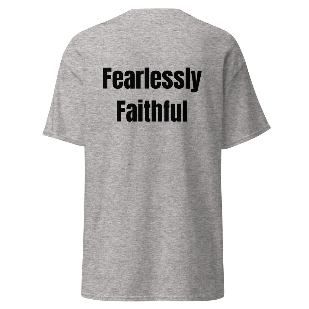 Gray t-shirt with 'Fearlessly Faithful' text on the back against a white background