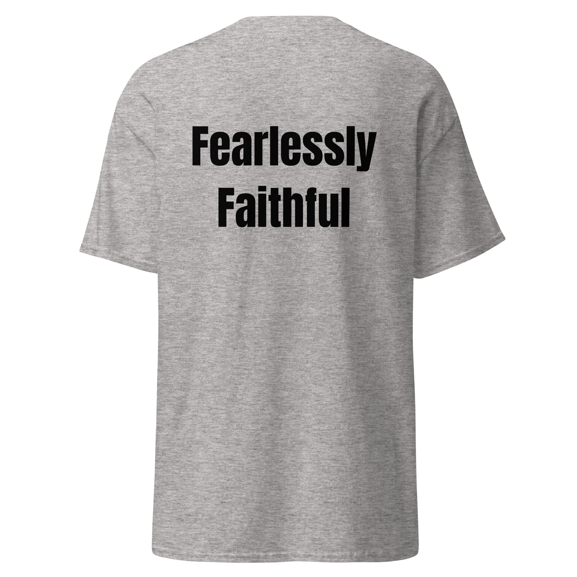 Gray t-shirt with 'Fearlessly Faithful' text on the back against a white background