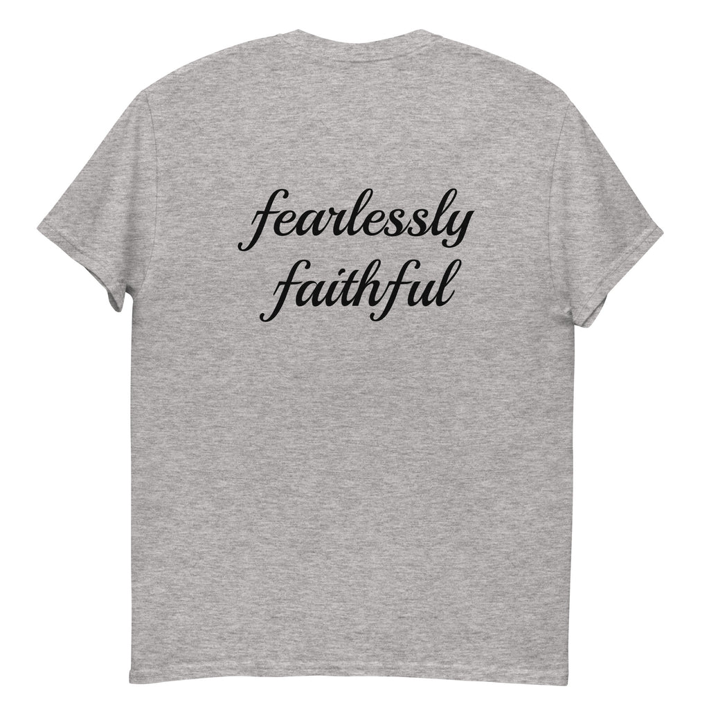 Gray t-shirt with 'fearlessly faithful' text on a white background