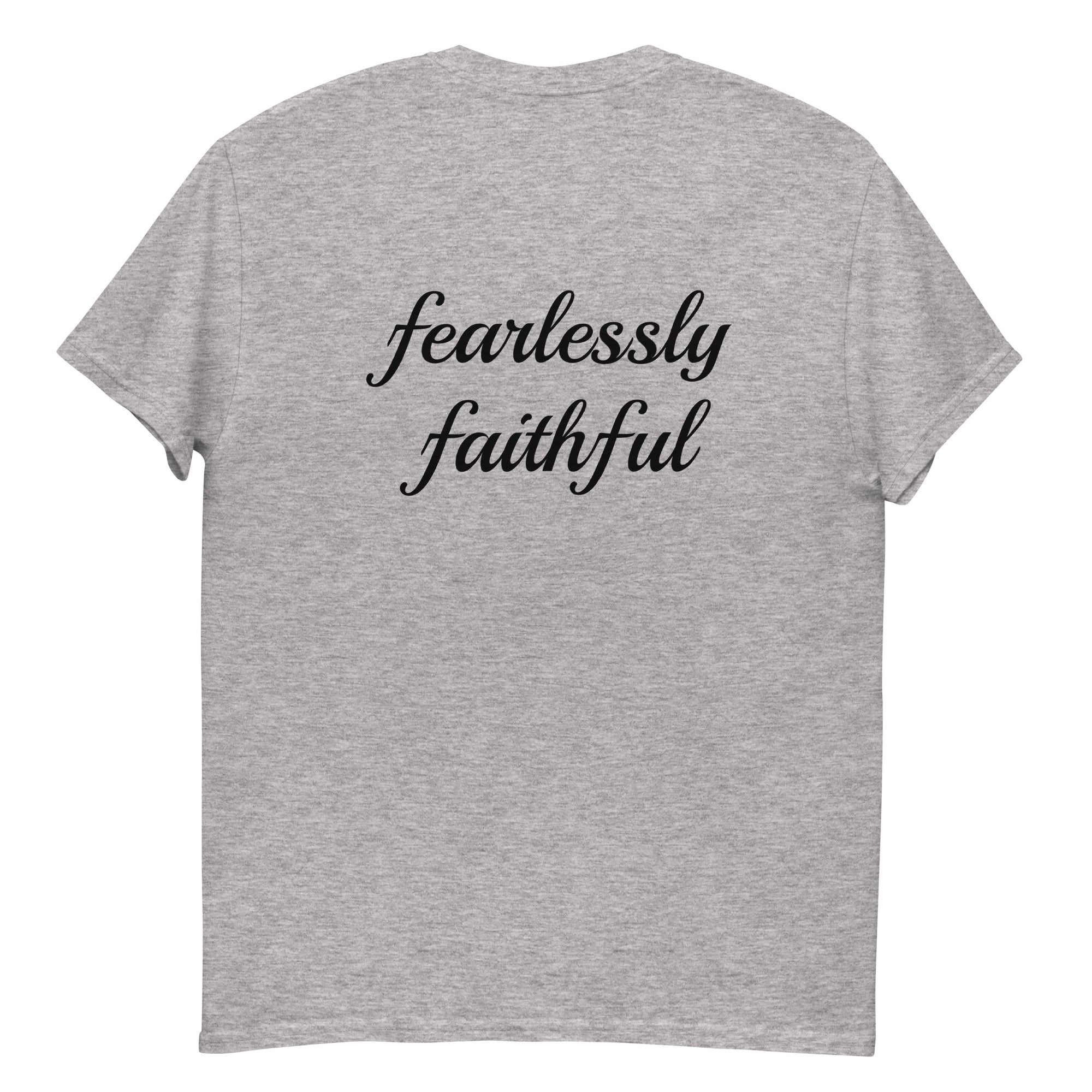 Gray t-shirt with 'fearlessly faithful' text on a white background