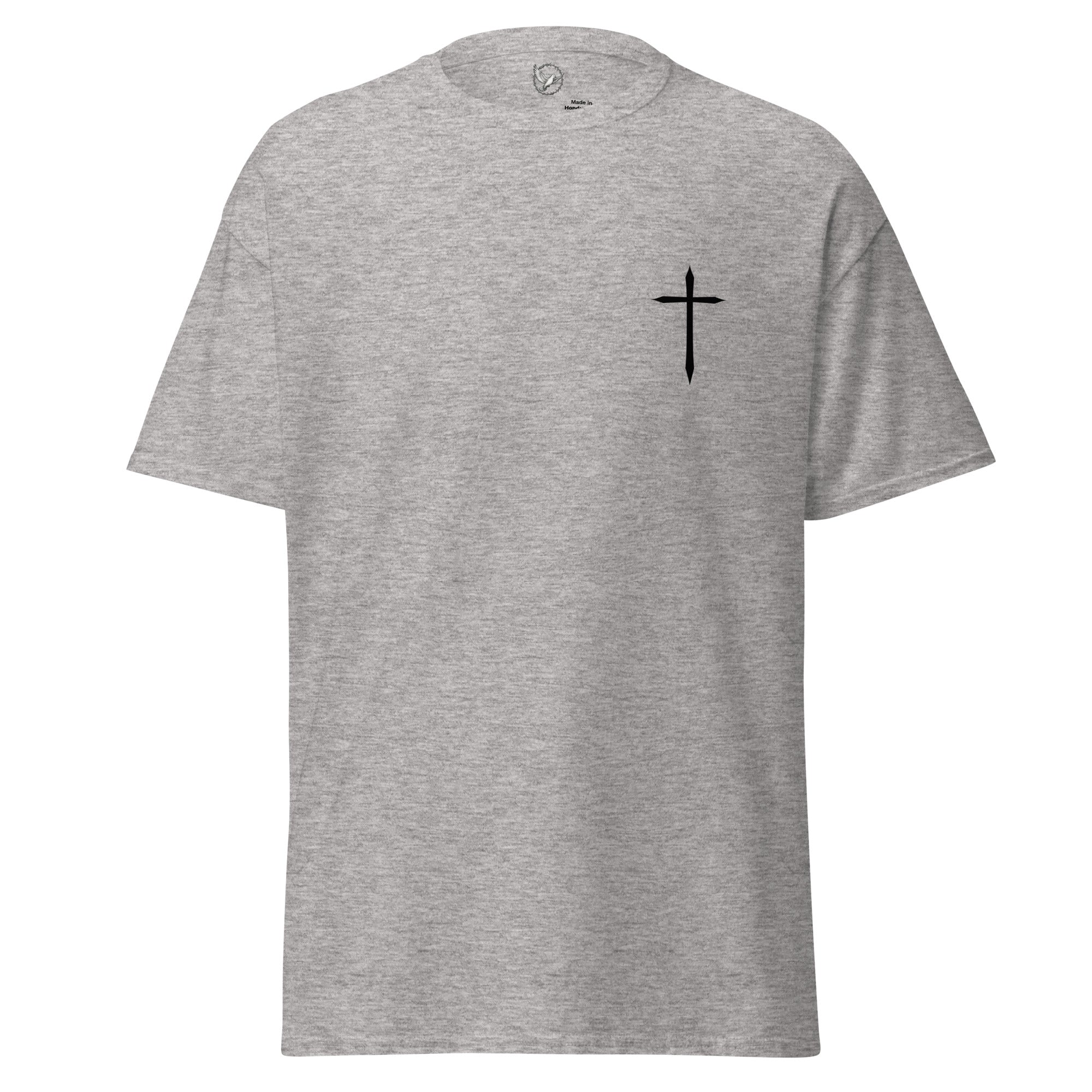 Gray t-shirt with a black cross on a white background