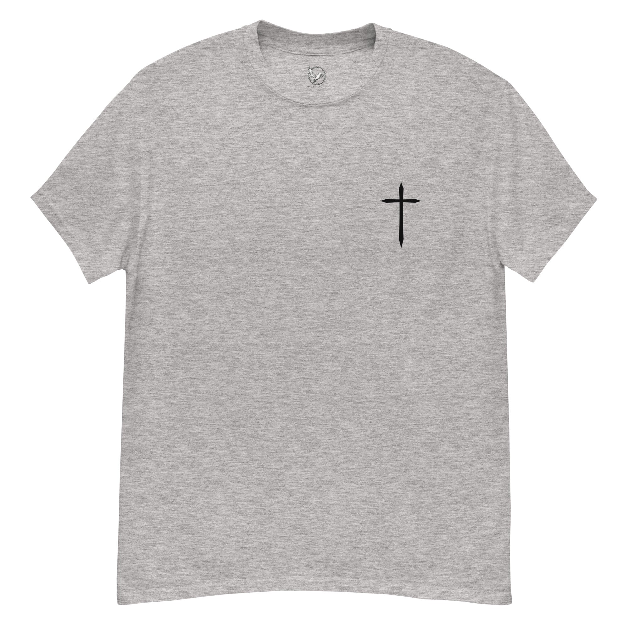 Gray t-shirt with a black cross on a white background