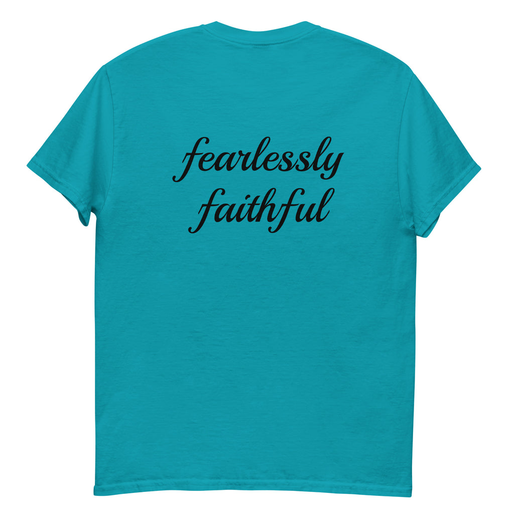 Turquoise t-shirt with 'fearlessly faithful' text on the back against a white background