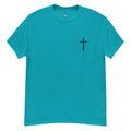 Turquoise t-shirt with a black cross on a white background