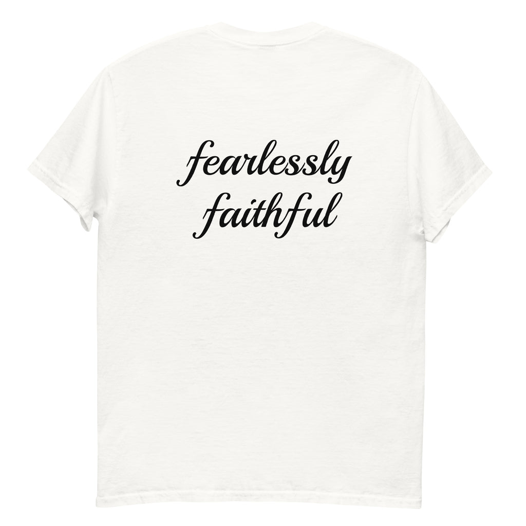 White t-shirt with 'fearlessly faithful' text on a white background