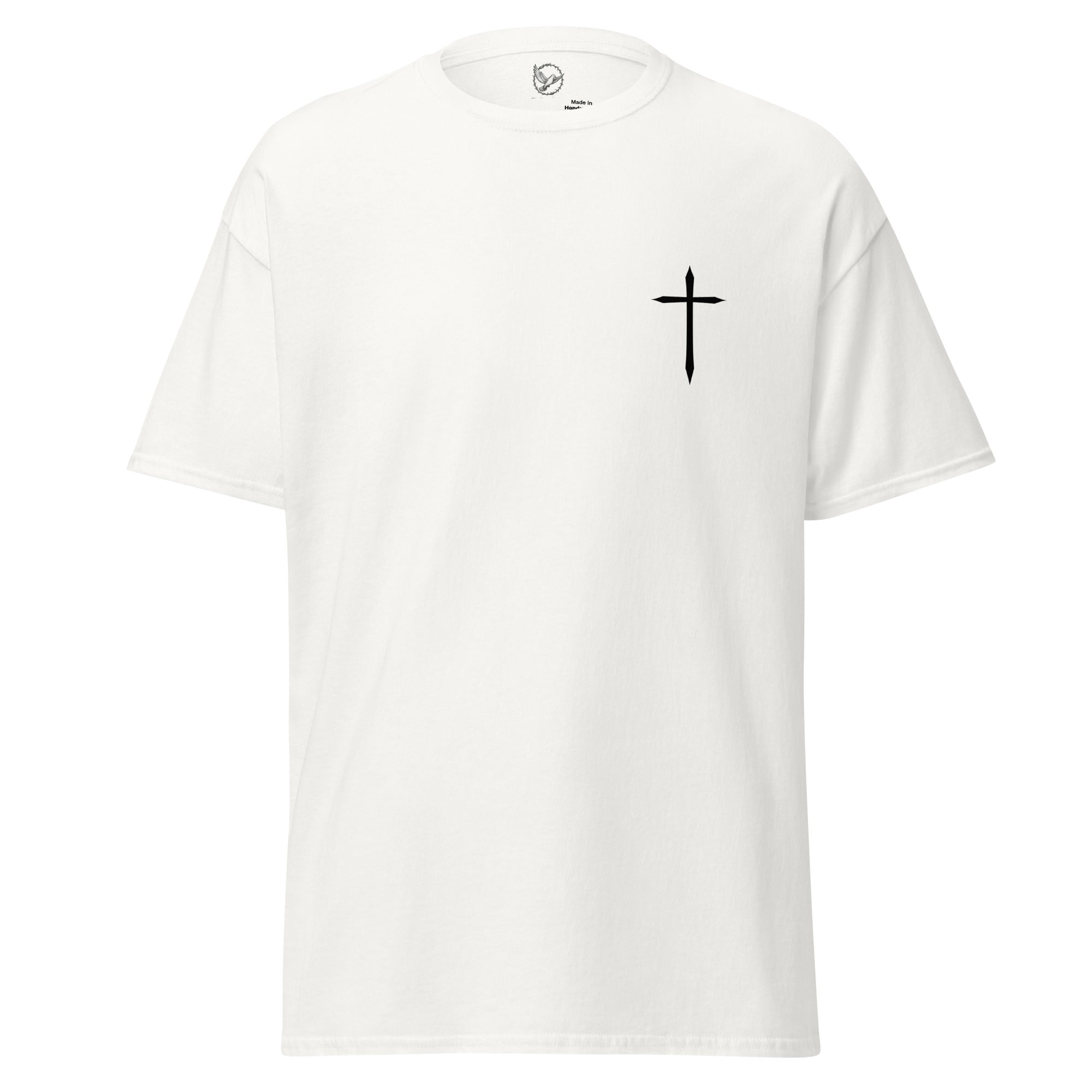 White t-shirt with a black cross on a white background