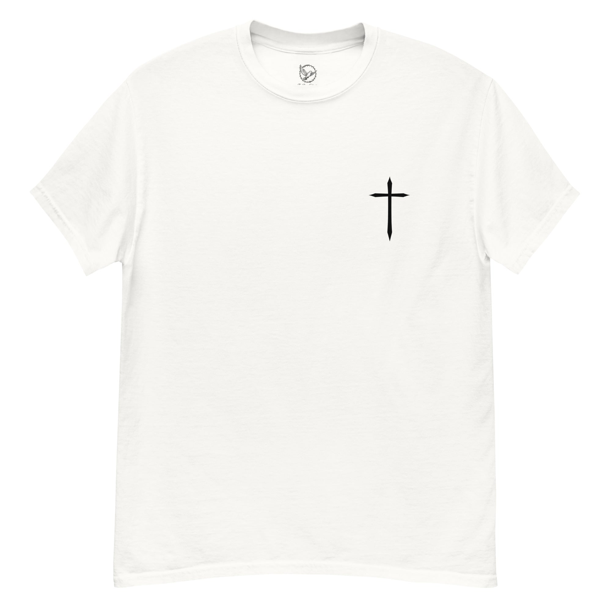 White t-shirt with a black cross on a white background