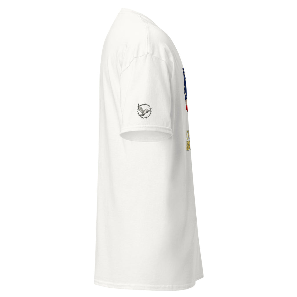 White t-shirt with colorful logo on sleeve against a white background