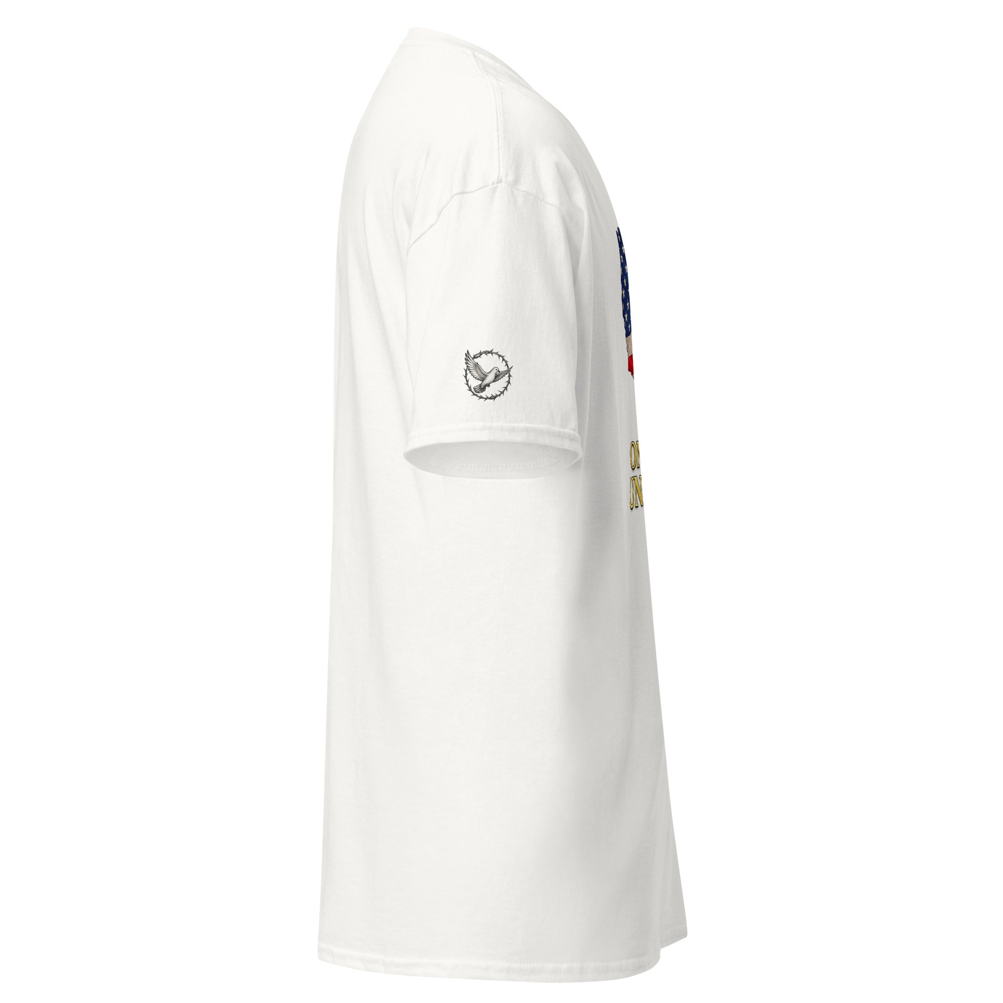 White t-shirt with colorful logo on sleeve against a white background
