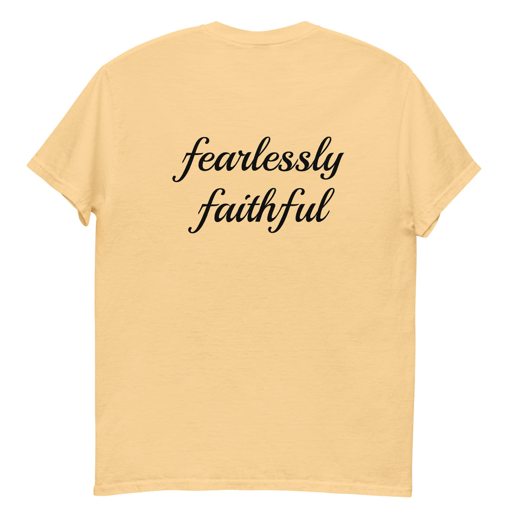 Beige t-shirt with 'fearlessly faithful' text on a white background