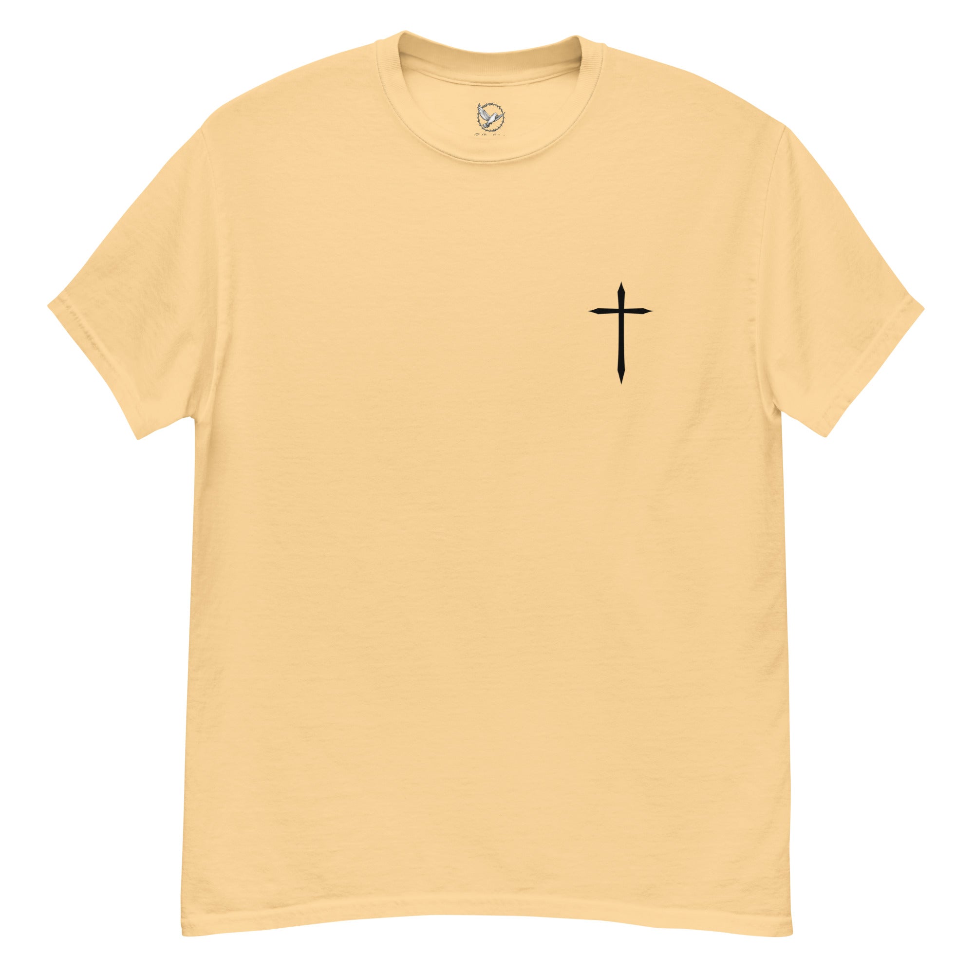 Beige t-shirt with a black cross on a white background