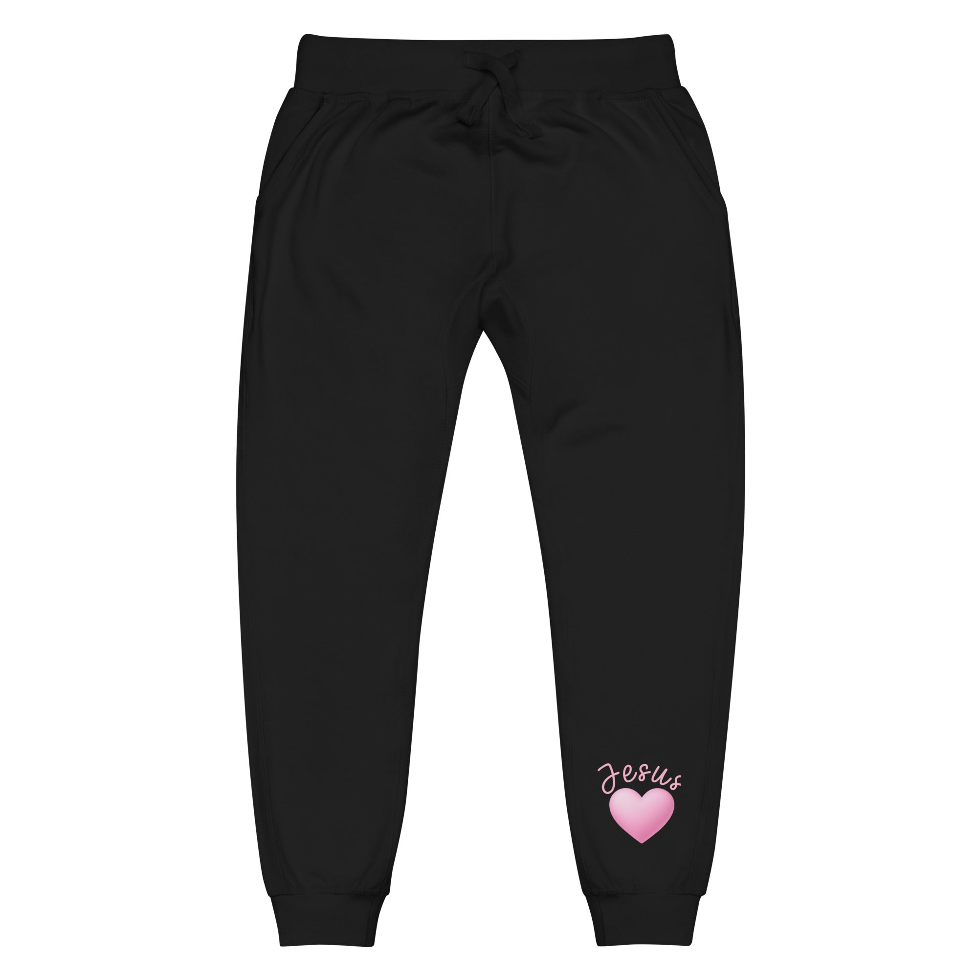 Black jogger pants with 'Jesus' and a heart design on a white background