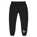 Black jogger pants with a white logo on a white background