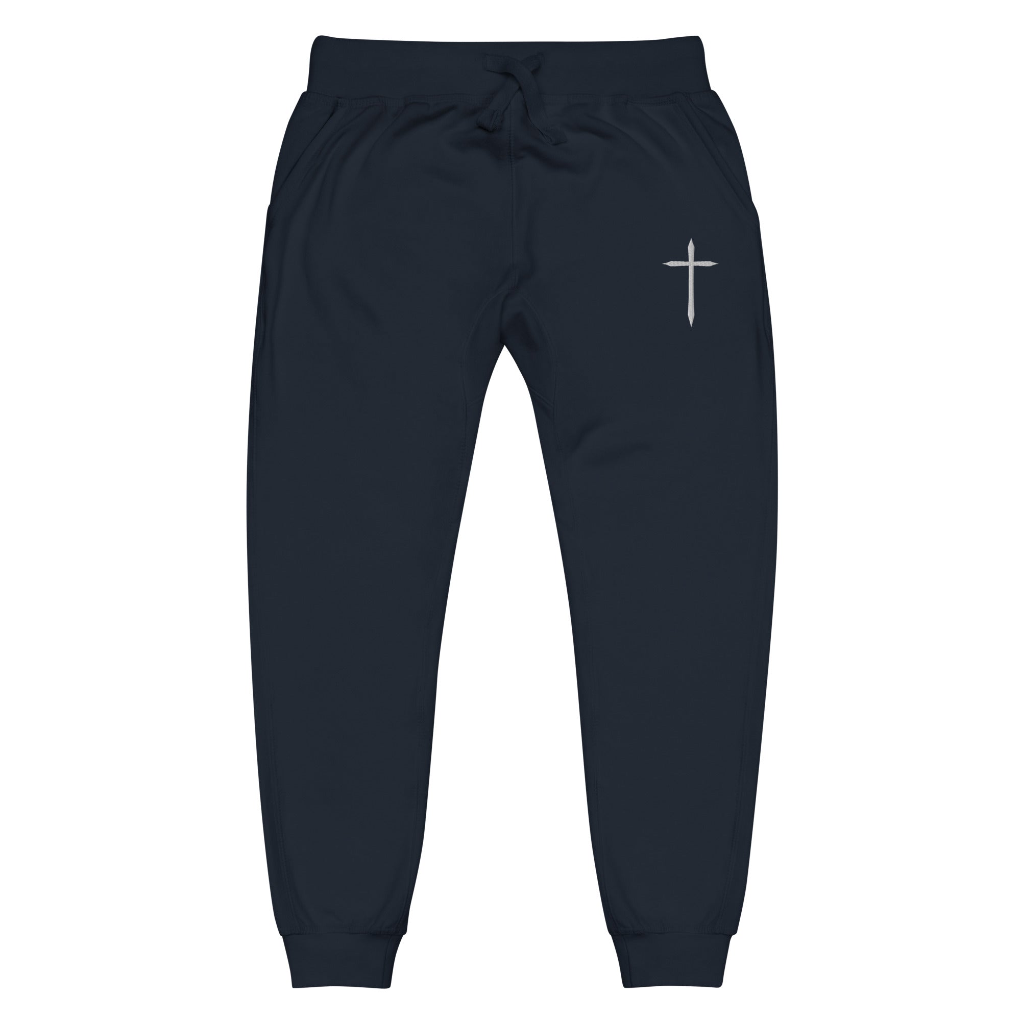 Black jogger pants with a white cross design on a white background