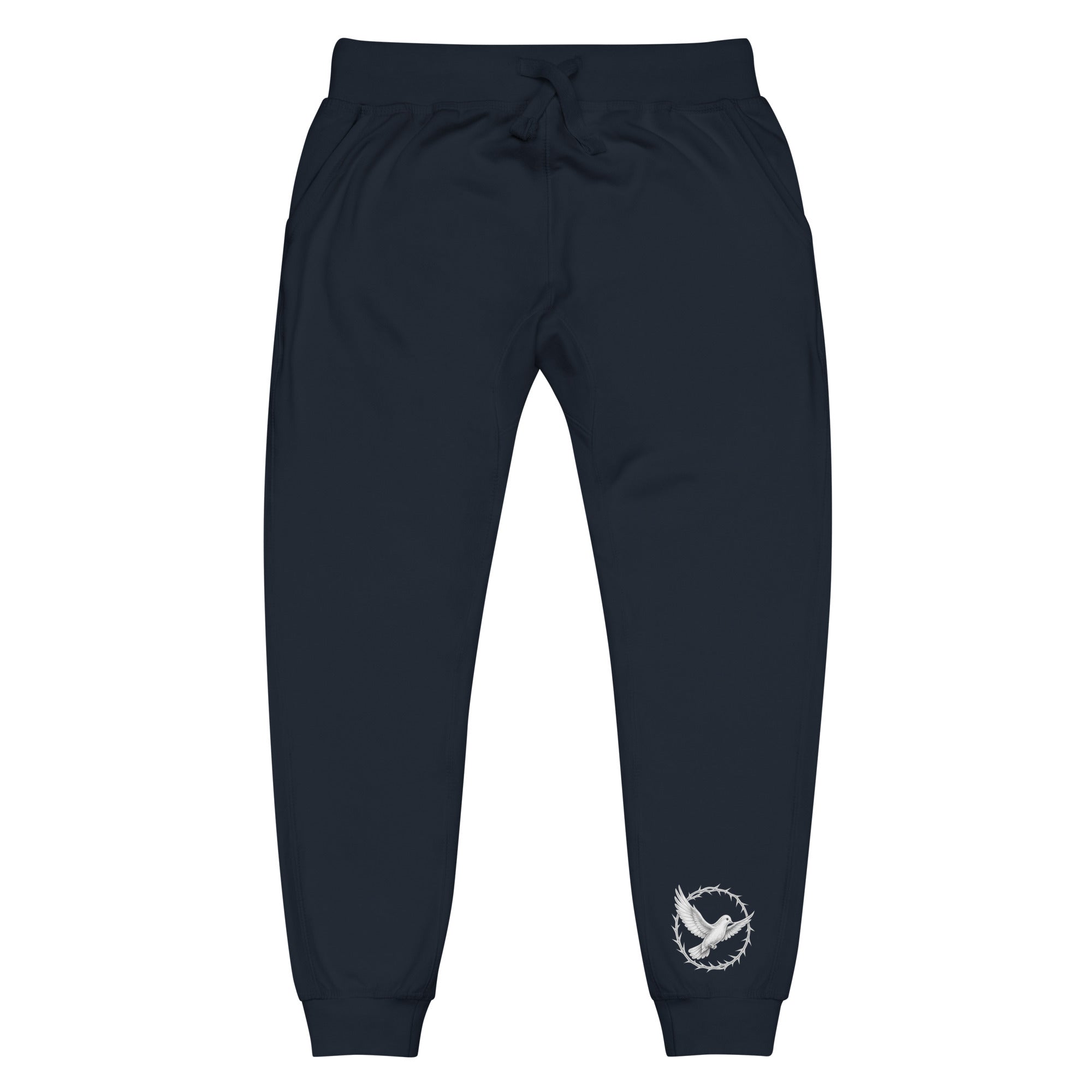 Black jogger pants with a logo on a white background