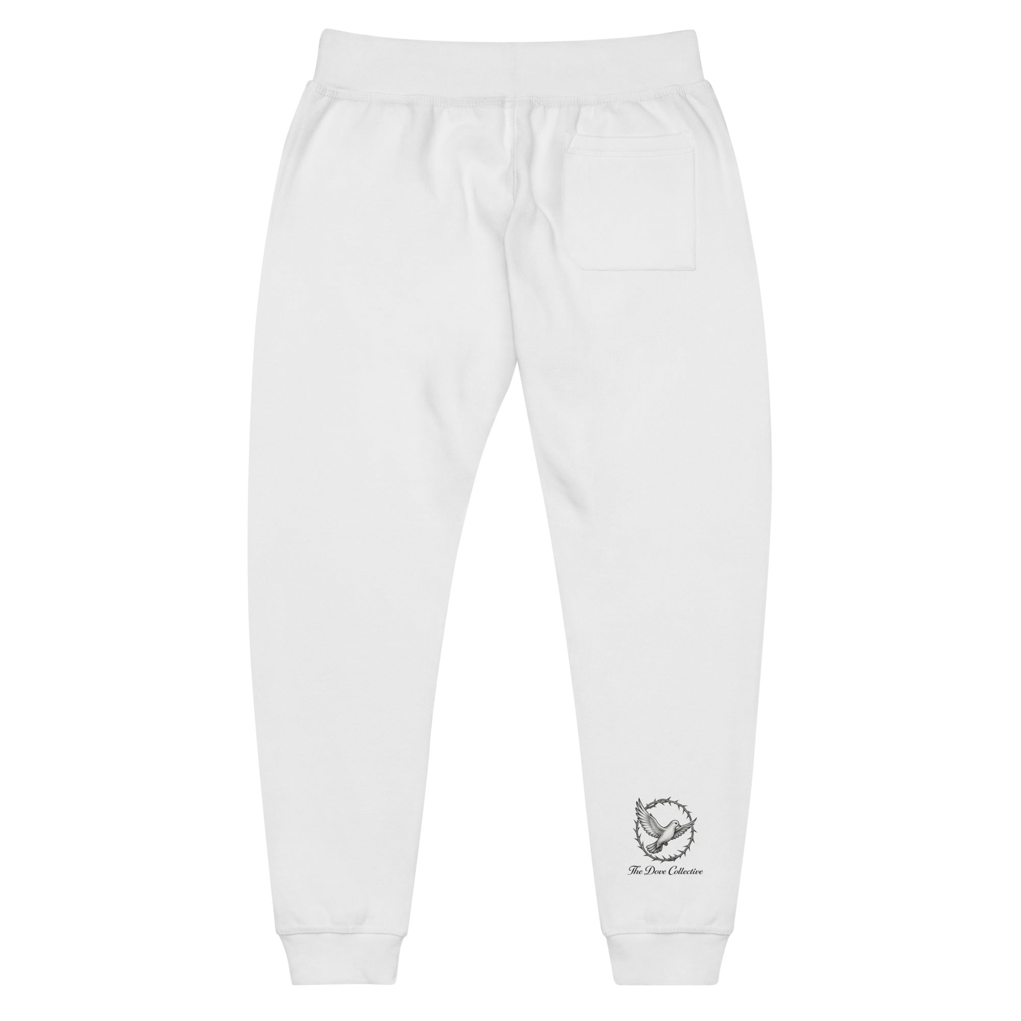 back of white fleece sweatpants with black dove with crowns with "The Dove Collective" written underneath on right front ankle. 