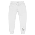 White sweatpants with a small logo of a dove encircled by a crown of thorns on a white background