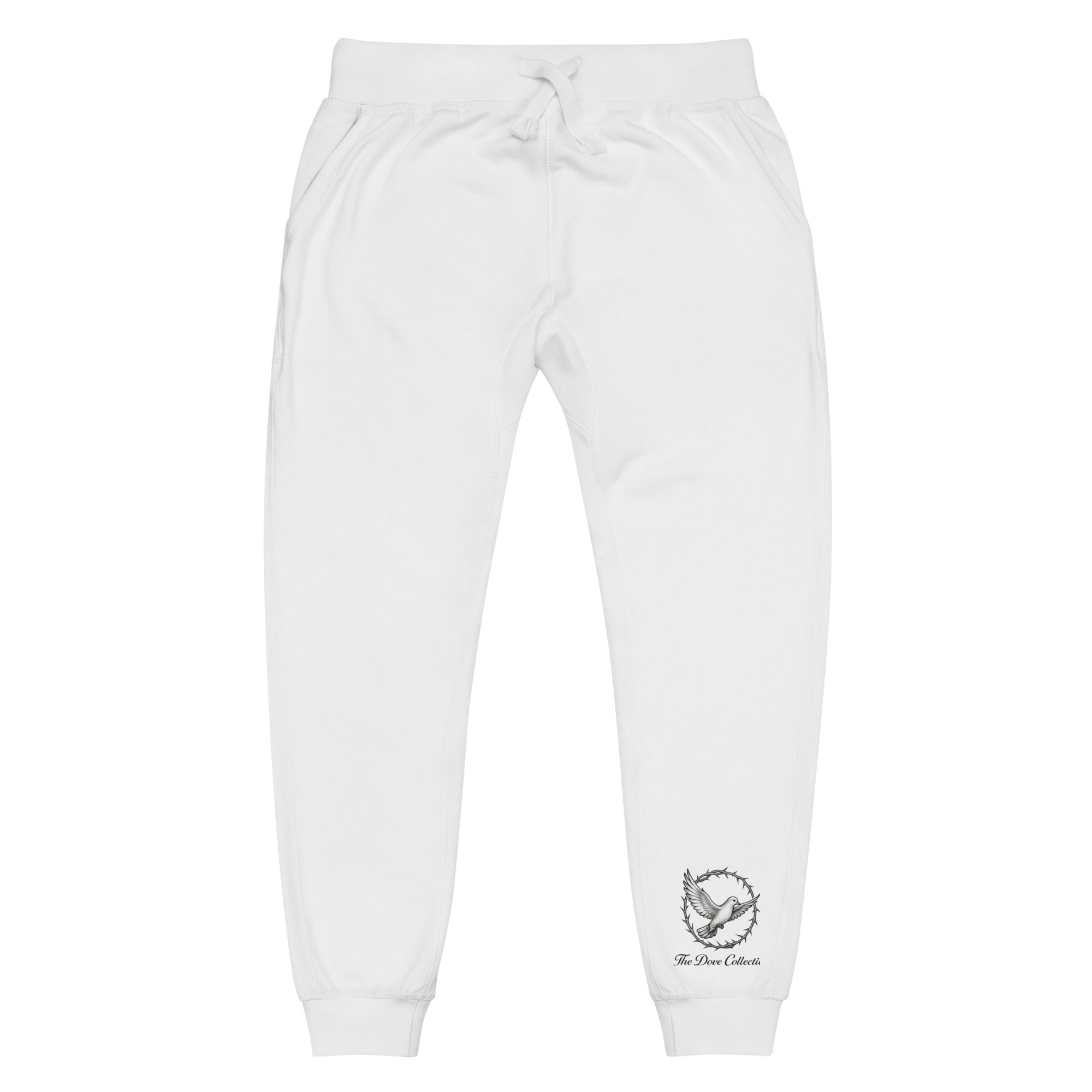 White sweatpants with a small logo of a dove encircled by a crown of thorns on a white background