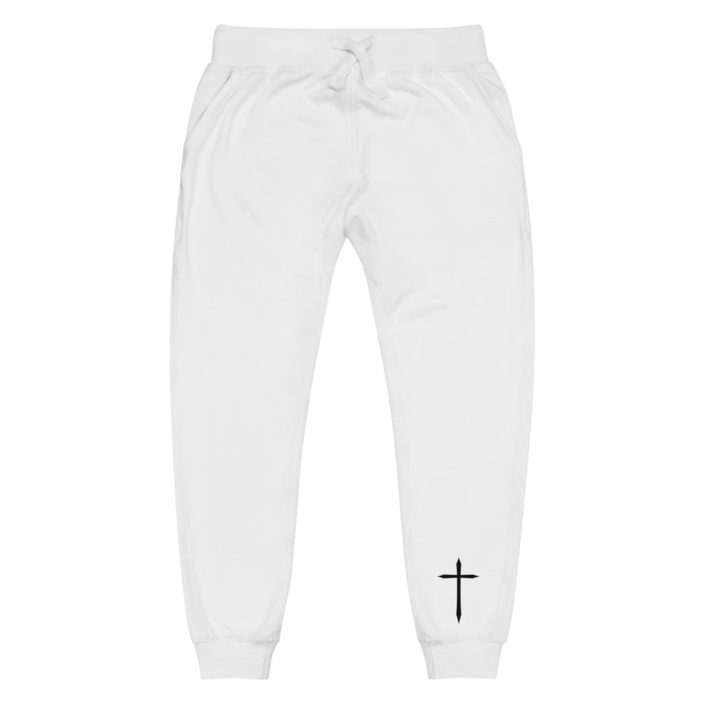 front of white fleece sweatpants with black cross on left front ankle