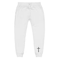 front of white fleece sweatpants with black cross on left front ankle