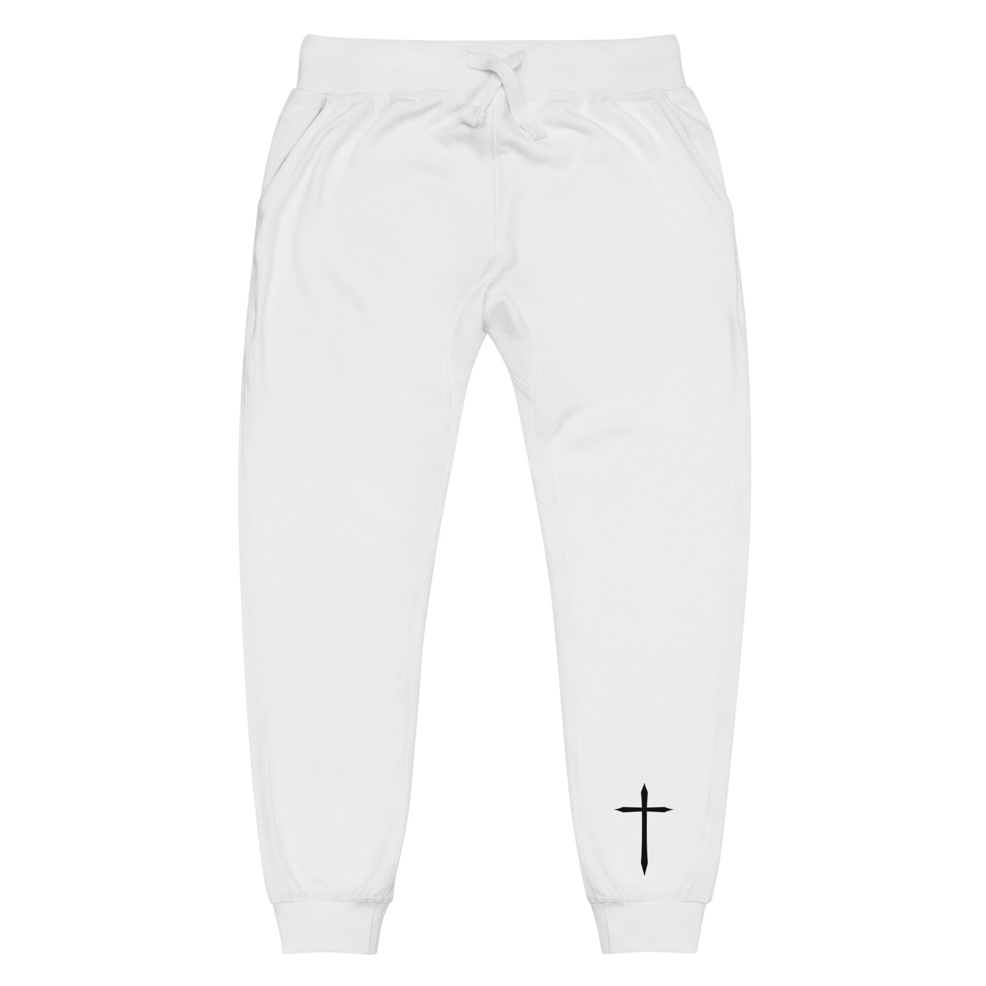 front of white fleece sweatpants with black cross on left front ankle