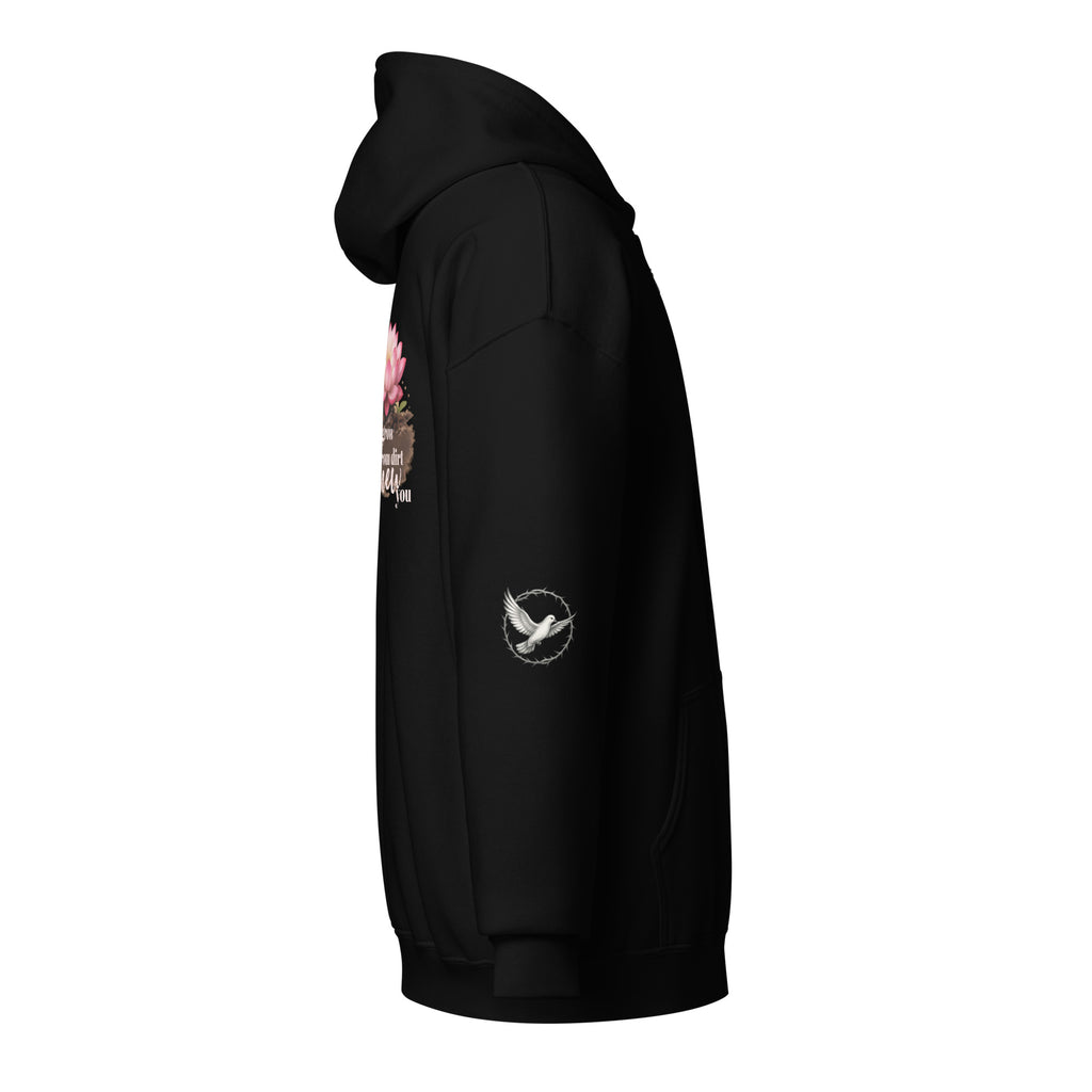 black hoodie showcasing the right sleeve with image of a dove encircled by a crown of thorns. 