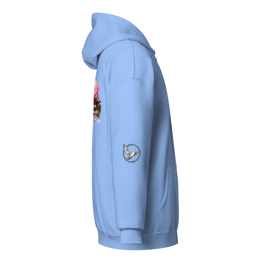 carolina blue hoodie from the side showcasing the right sleeve with image of a dove encircled by a crown of thorns. 