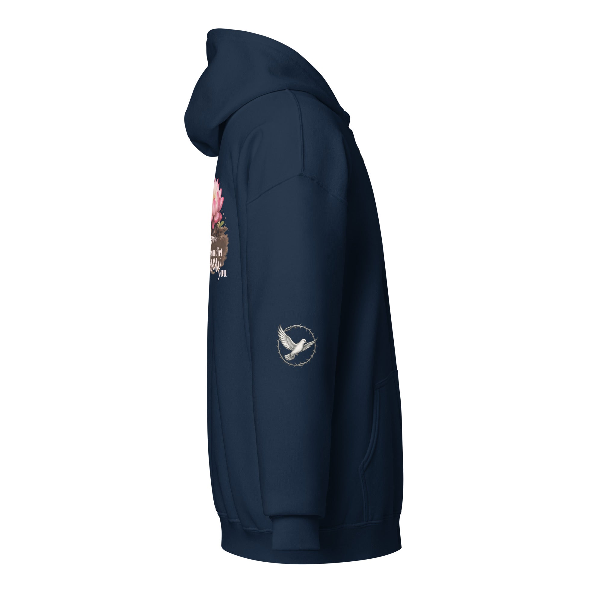 navy hoodie from the side showcasing the right sleeve with image of a dove encircled by a crown of thorns. 