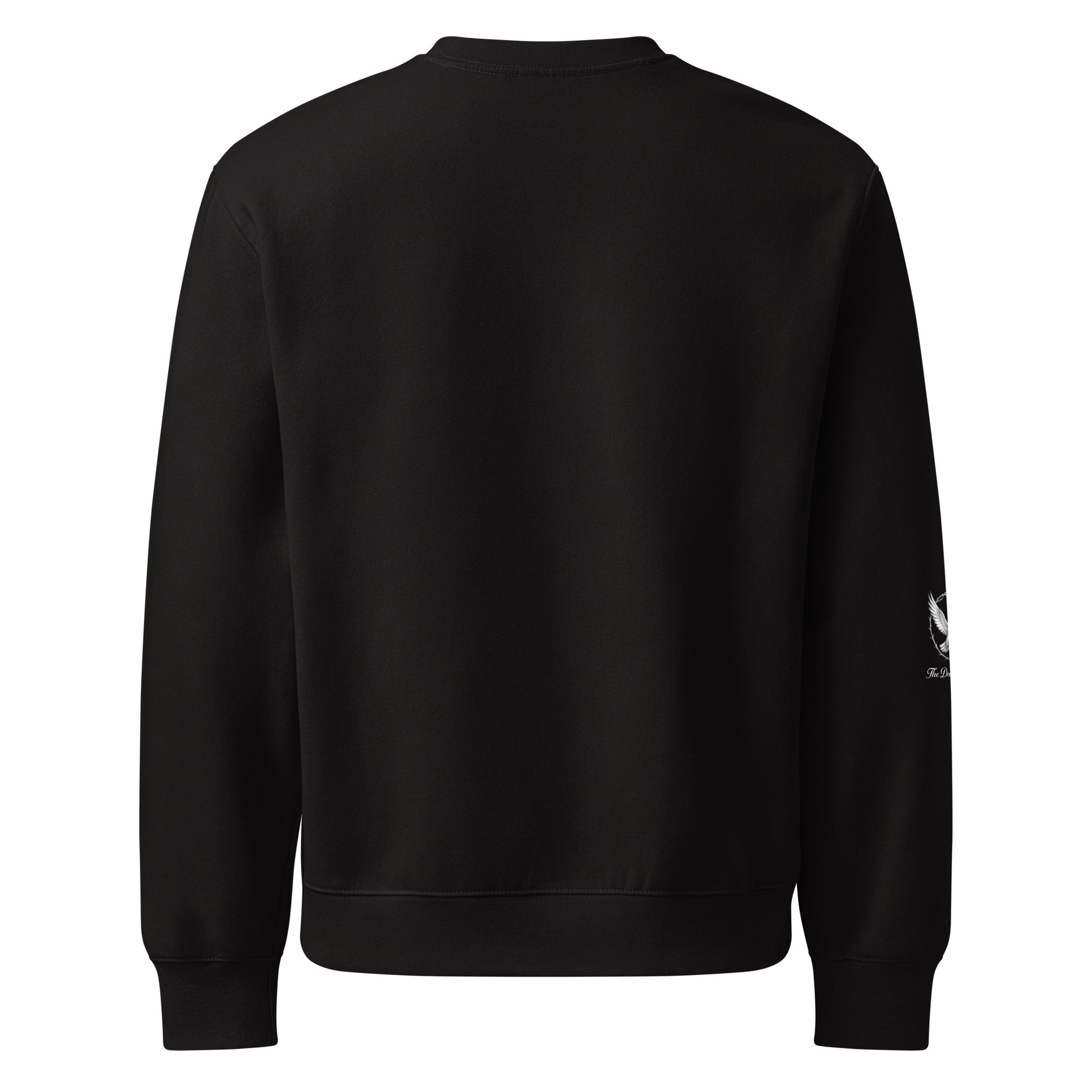 Black sweatshirt with a small white logo on the sleeve against a white background