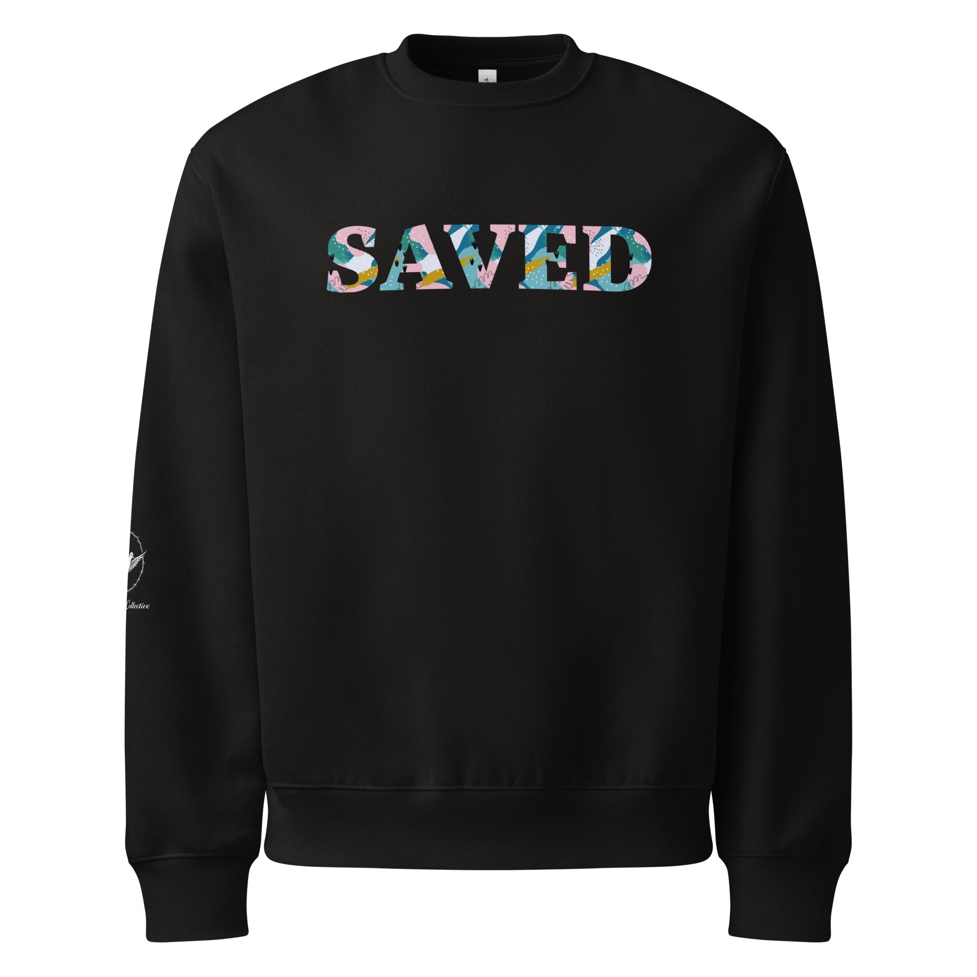 Black sweatshirt with 'SAVED' printed in colorful letters on a white background