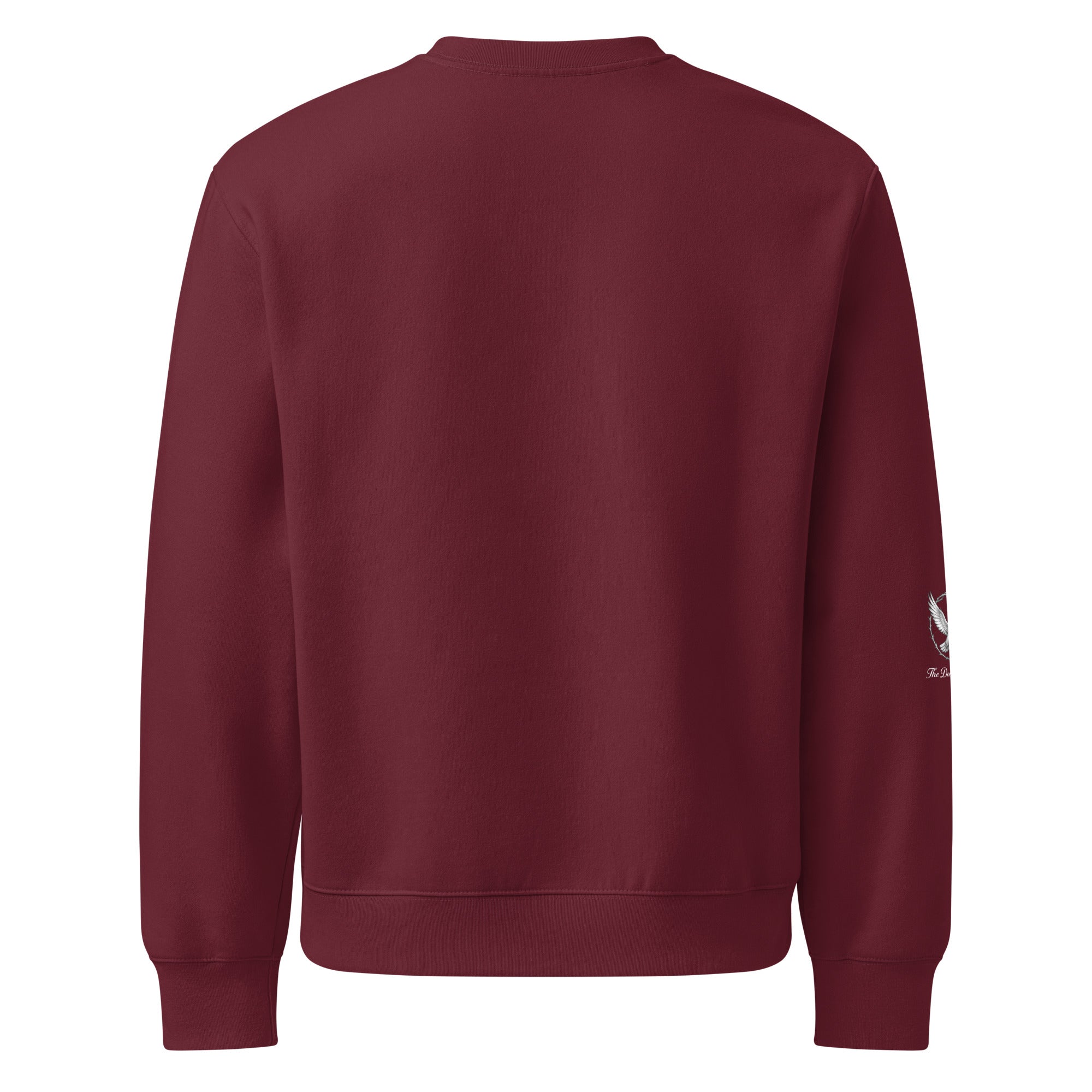 Maroon sweatshirt with a small white logo on the sleeve against a white background