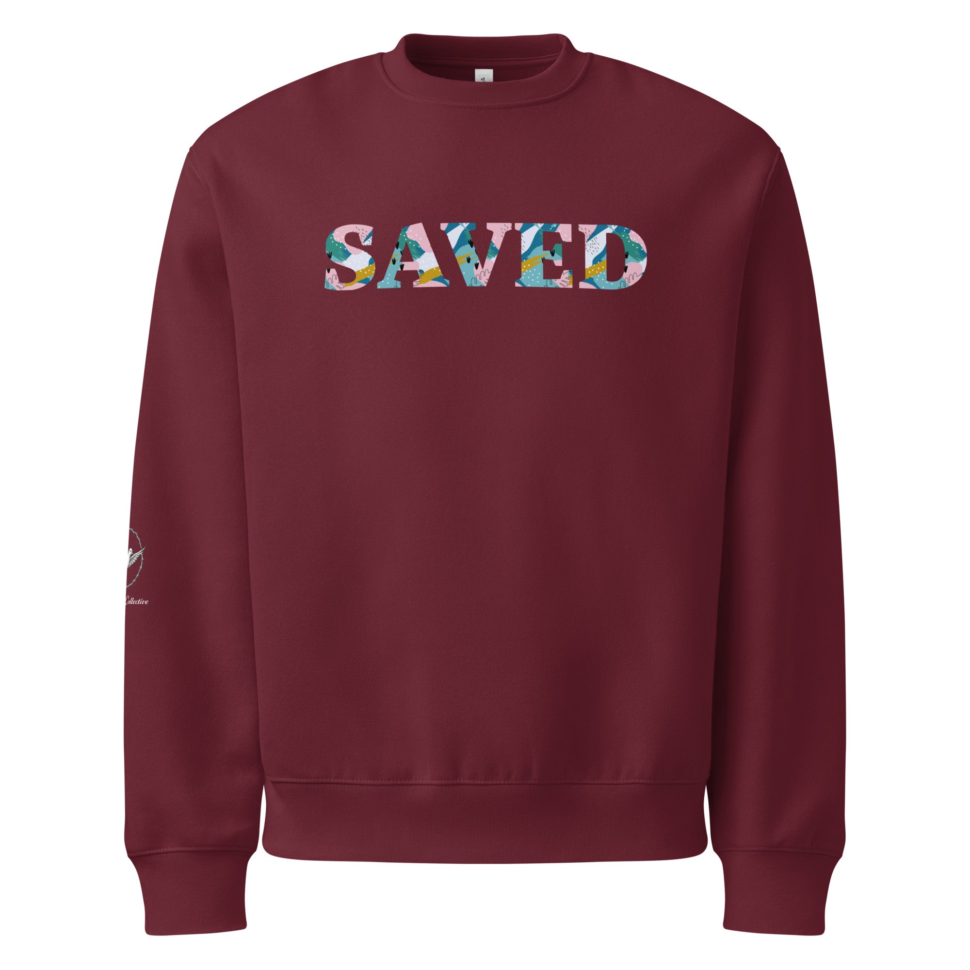Maroon sweatshirt with 'SAVED' text on a white background