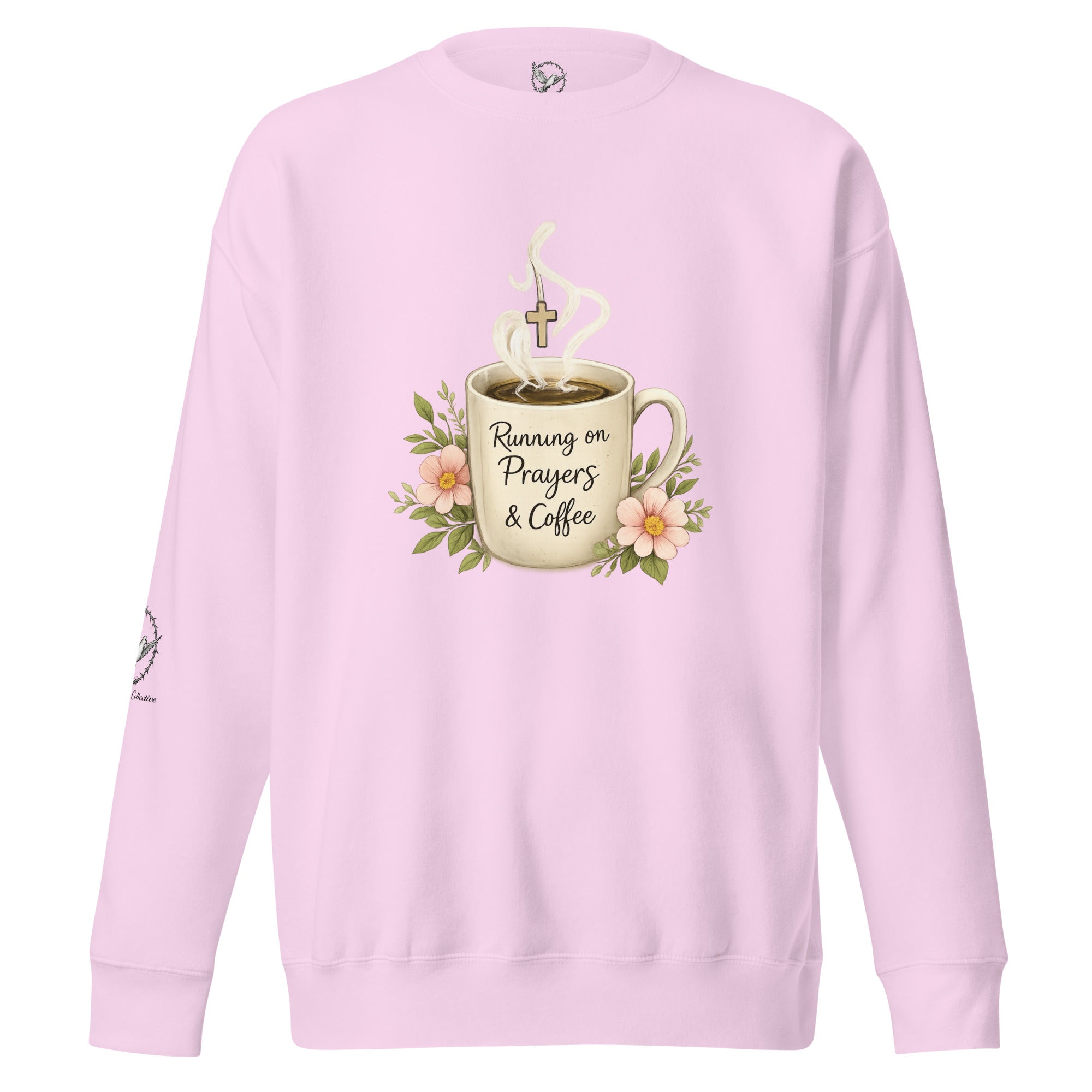 lavender sweatshirt with a coffee cup with words that read, "Running on prayers and coffee" featuring steam rising out of cup with a cross hanging off the steam.