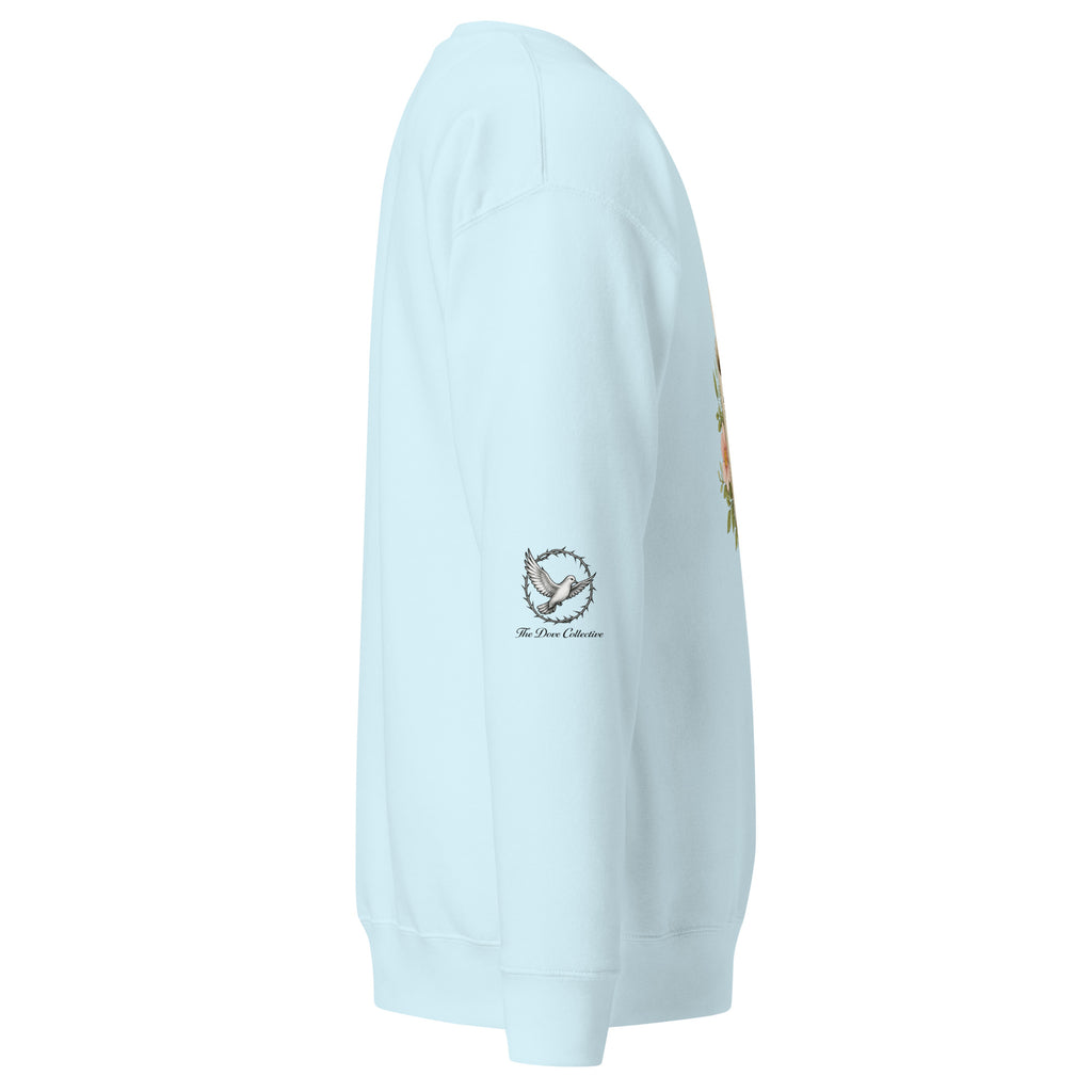 sky blue sweatshirt showing the right sleeve with a dove encircled by a crown of thorns. 
