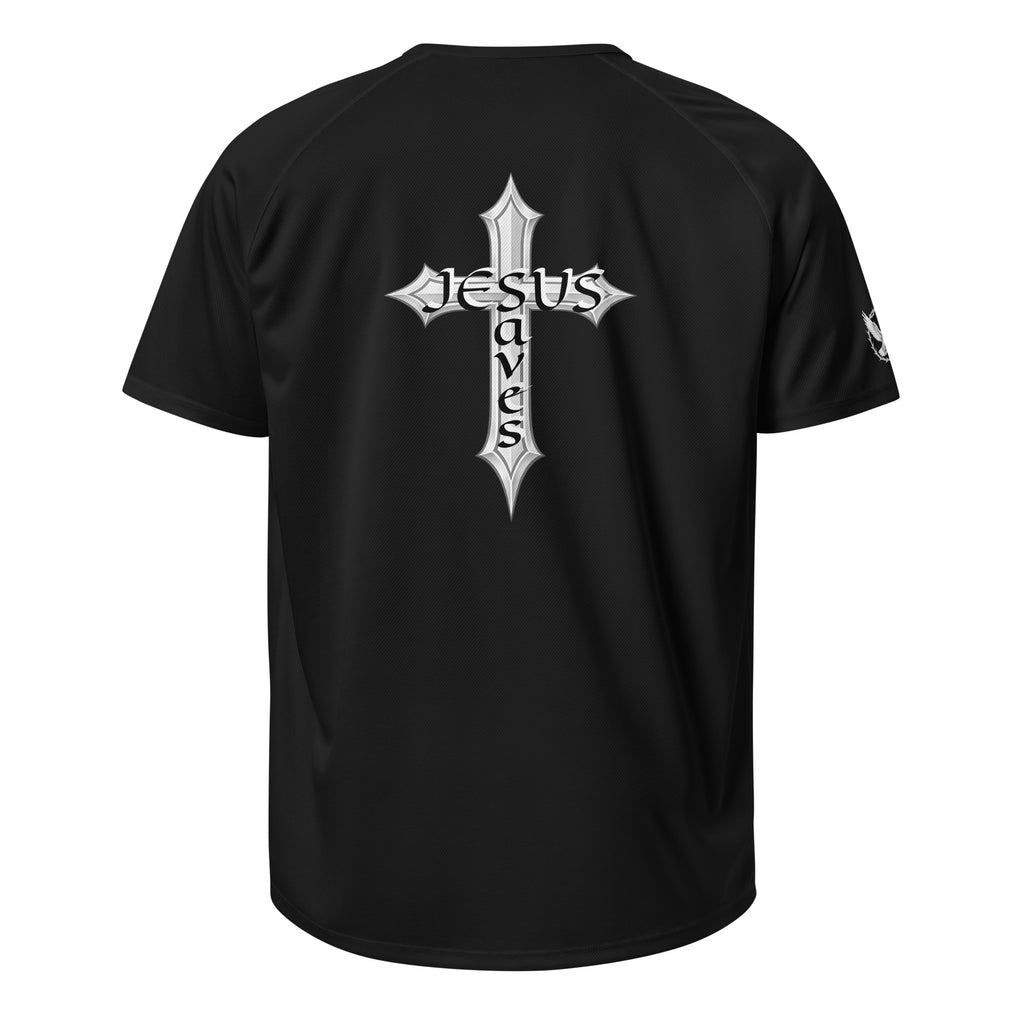 Black t-shirt with a white cross and 'Jesus Saves' text on the back against a white background