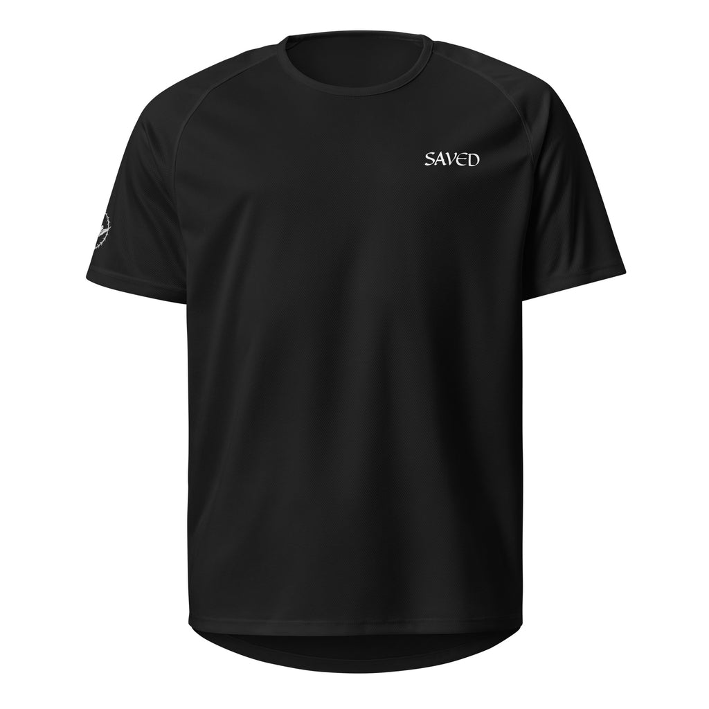 Black t-shirt with 'SAVED' logo on a white background
