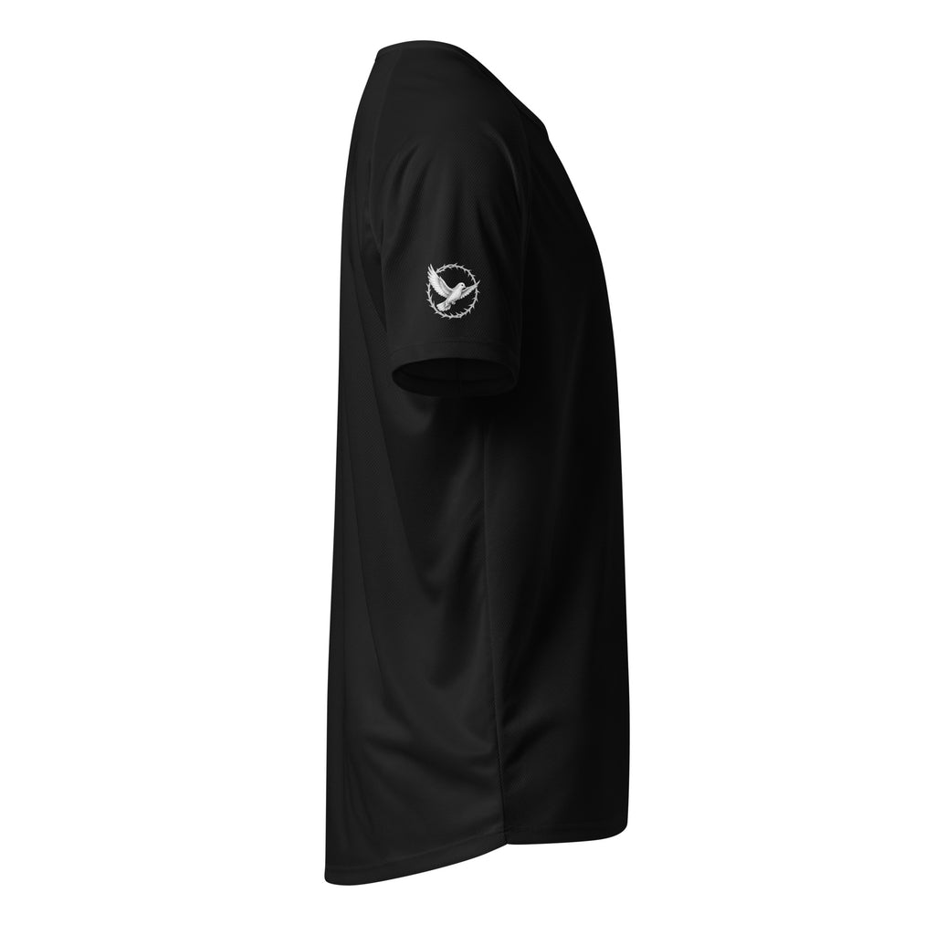 Black t-shirt with a logo on the sleeve against a white background