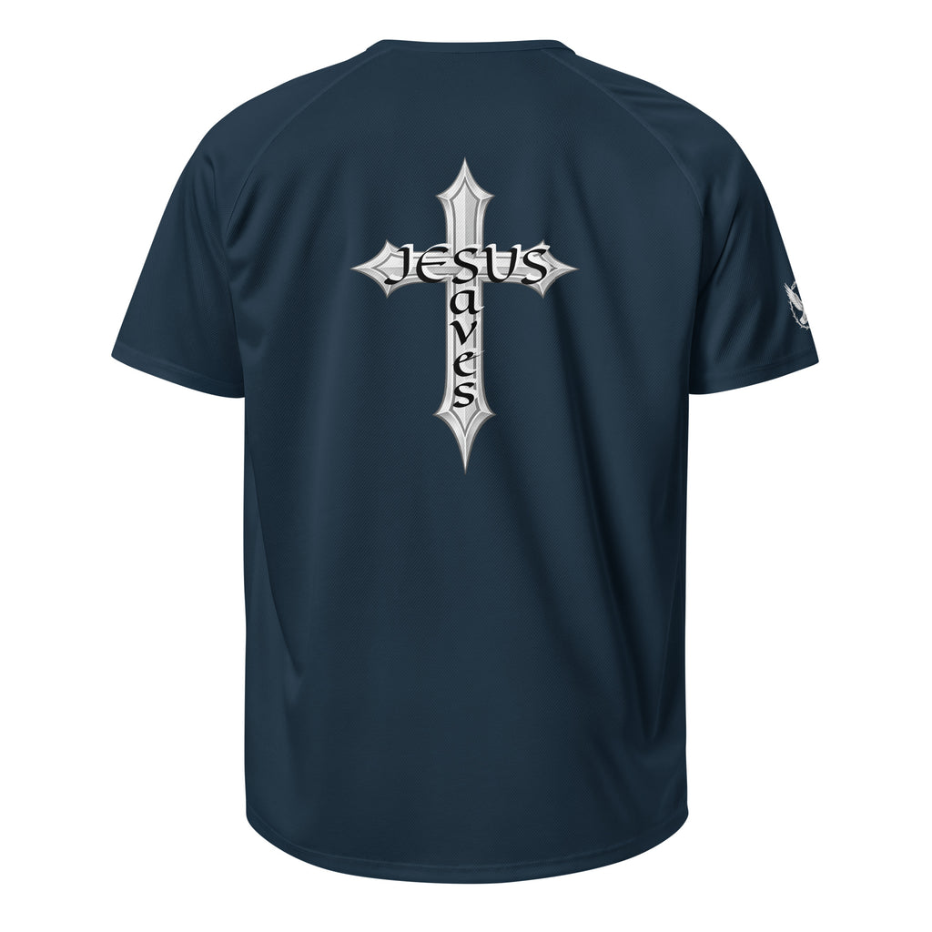 Navy blue t-shirt with a white cross and 'Jesus Saves' text on the back against a white background