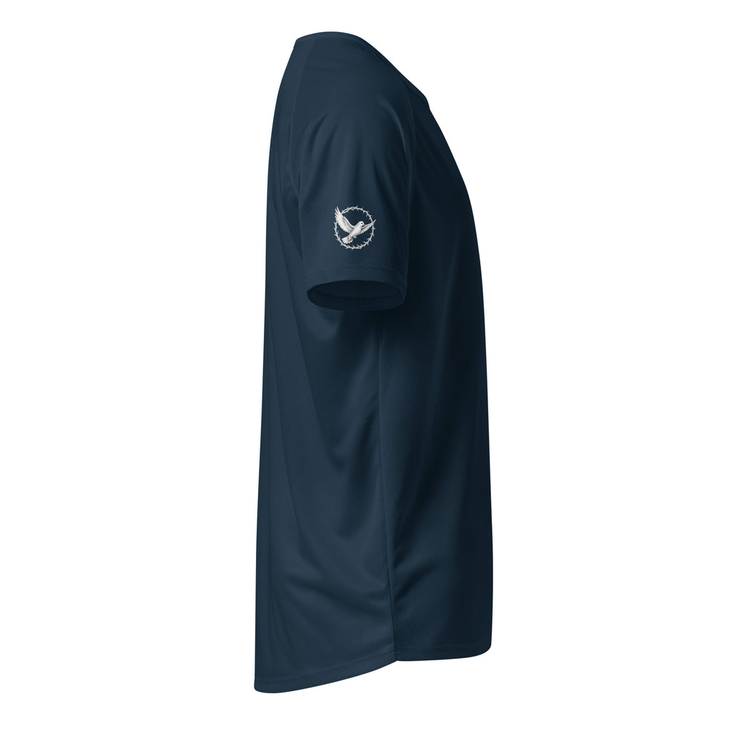 Navy blue t-shirt with a logo on the sleeve against a white background