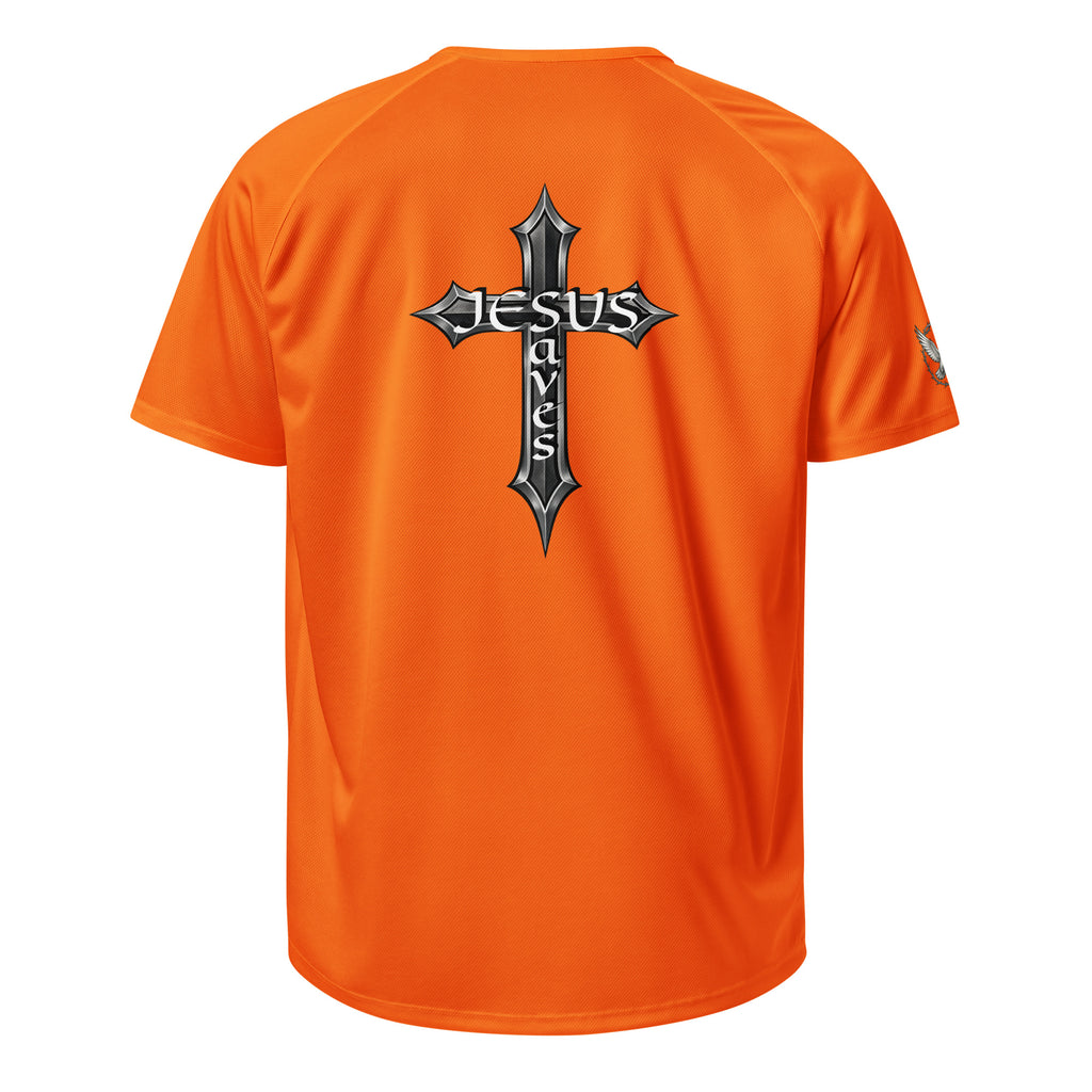 Orange t-shirt with a cross design and 'Jesus Saves' text on the back against a white background