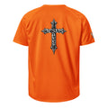 Orange t-shirt with a cross design and 'Jesus Saves' text on the back against a white background